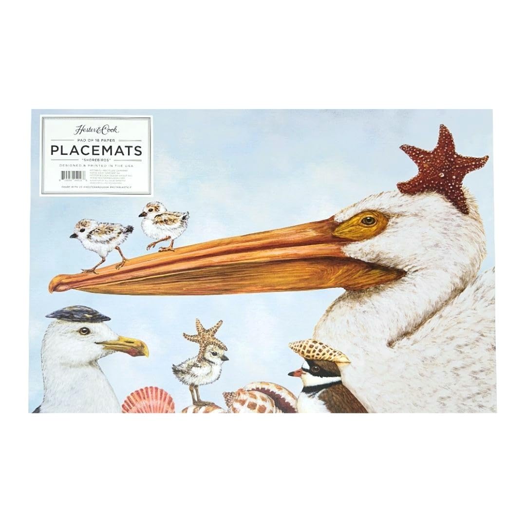 Hester & Cook Manteles individuales de papel desechables para mesa de comedor, tapetes cuadrados de papel para fiestas o bodas, 18 hojas por bloc, fabricados en Estados Unidos (aves playeras)