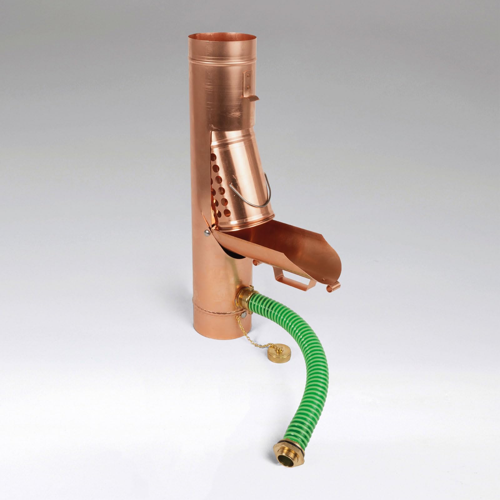 Regensammlersammler Kupfer mit Korb DN 100 inkl. Adapter Regenwasserfilter Laubabscheider für Blechfallrohre mit Ø 80 mm. Verhindert das Zusetzen und Verstopfen von Fallrohren durch Grobschmutzsieb
