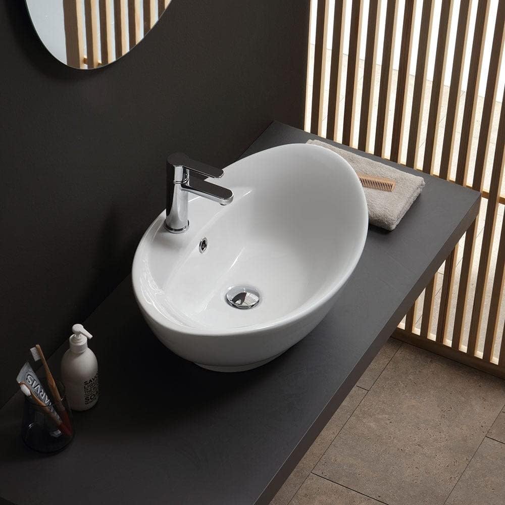 Lavabo Da Appoggio Ovale In Ceramica Bianco Lucido 59x38,3x19,2 Cm - Design Moderno Con Troppopieno, Effetto Loto - Foto 7