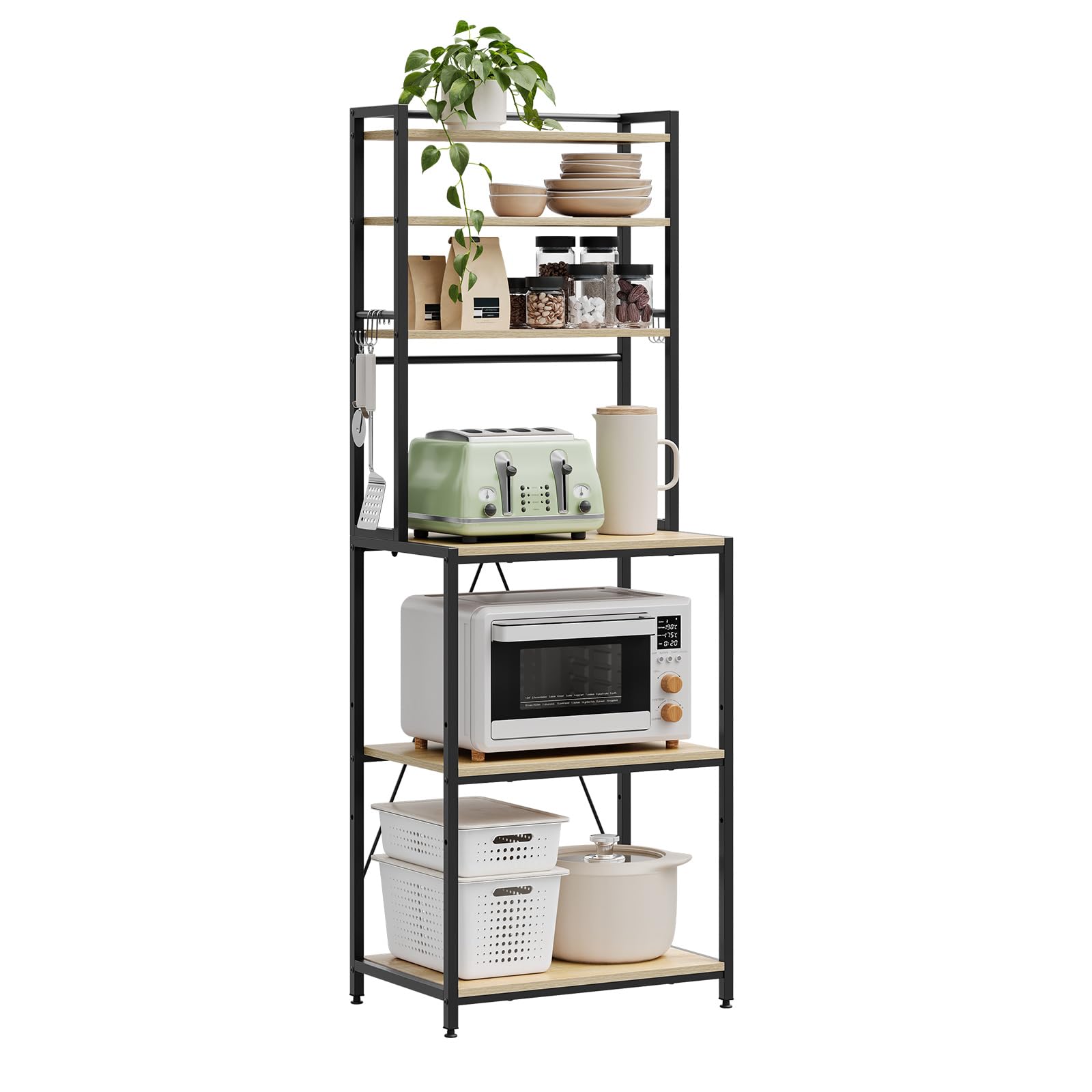 WOLTU Scaffale da Cucina con 6 Ripiani, Scaffale per Microonde con 6 Ganci, Struttura in Metallo, Legno Ingegnerizzato, 60x40x167cm, Rovere Chiaro+Nero