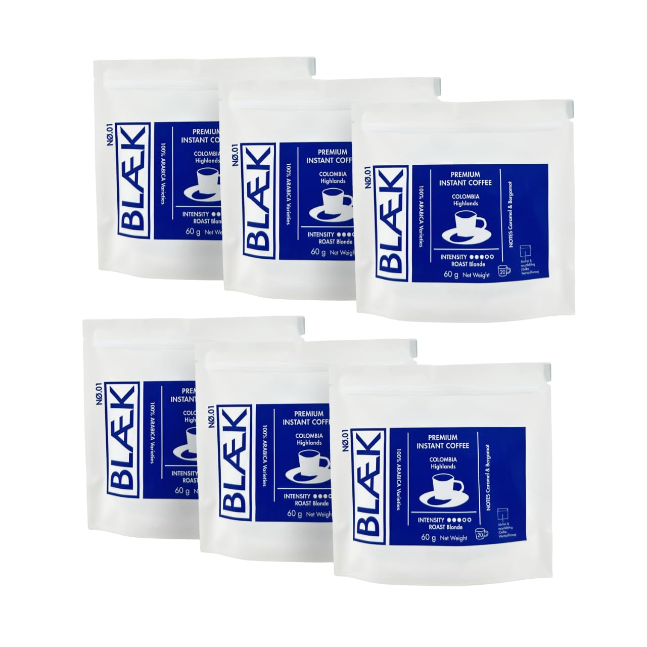 BLÆK Specialty Instant Kaffee Nø.1 Blonde Roast | Blaek Premium Coffee 6er Set 60g Bag Kolumbien To Go löslich säurearm & mild Arabica Hochland Kaffeebohnen | Hotel Camping Reise Büro Outdoor