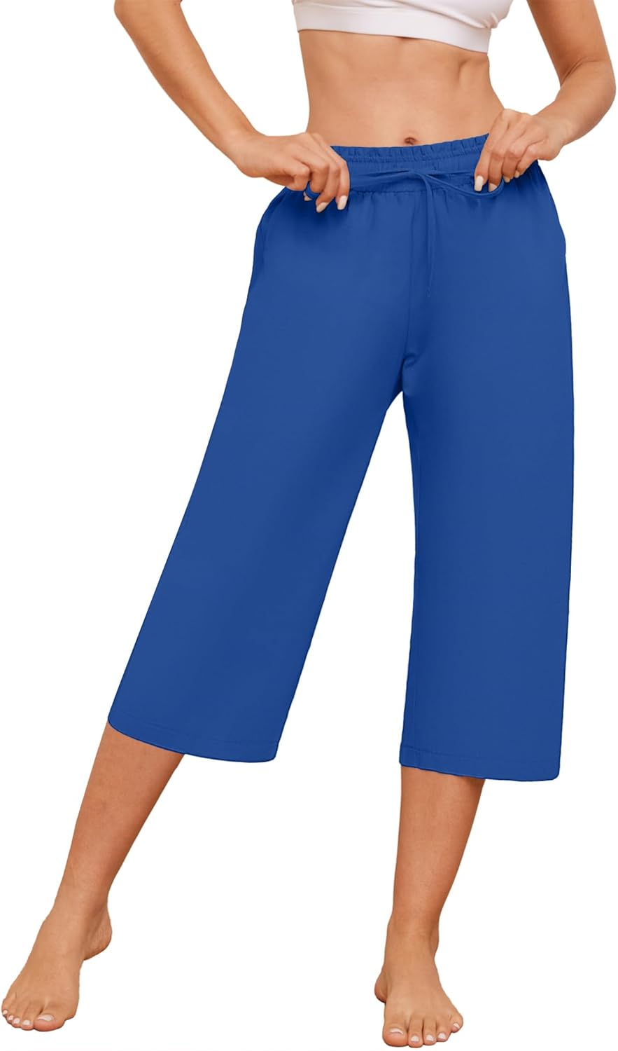 Larmliss Womens Capri Pants Casual Wide Leg Drawstring Elastic Waist Loose Lounge Cropped Pants with Pockets - Image 4