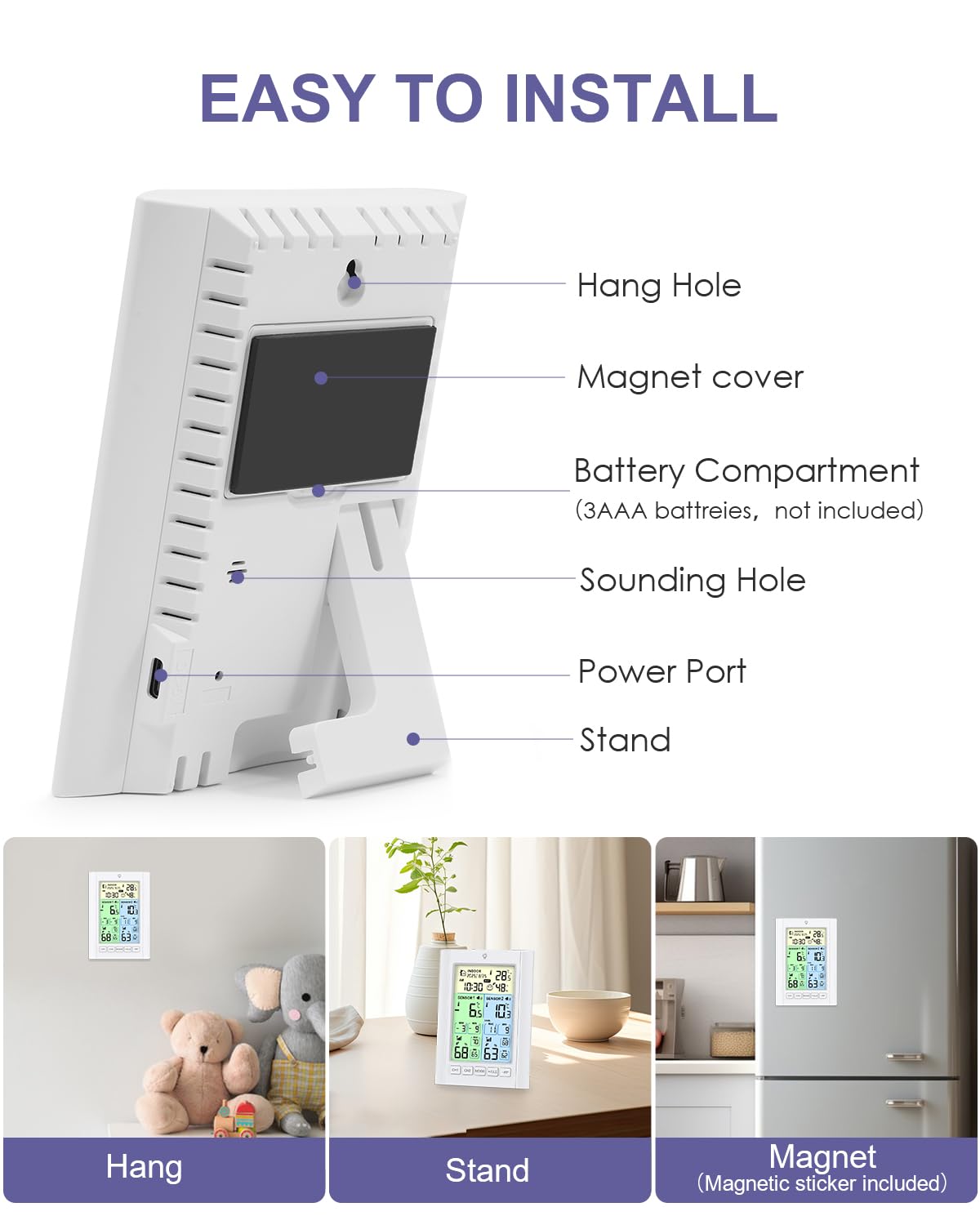 Digitales Kühlschrankthermometer, Gefrierschrank Thermometer mit 2 Sensoren, LCD Farbbildschirm mit Alarm, Hintergrundlicht, Max/Min, Zeit Kalender, DST, ℃/℉, Dual-Power-Modus für Küche