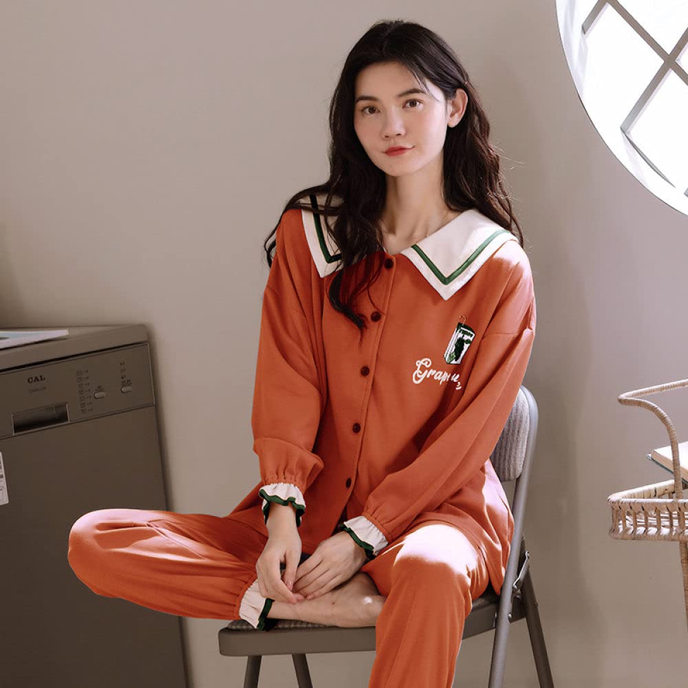 Manga Larga Pijama De Mujer De Dos Piezas,Conjunto De Pijamas para Mujer, Solapa, Manga Larga, con Botones, Ropa De Dormir De Algodón, Ropa De Hogar Retro, Ropa De Dormir para Mujer, Otoño Inviern