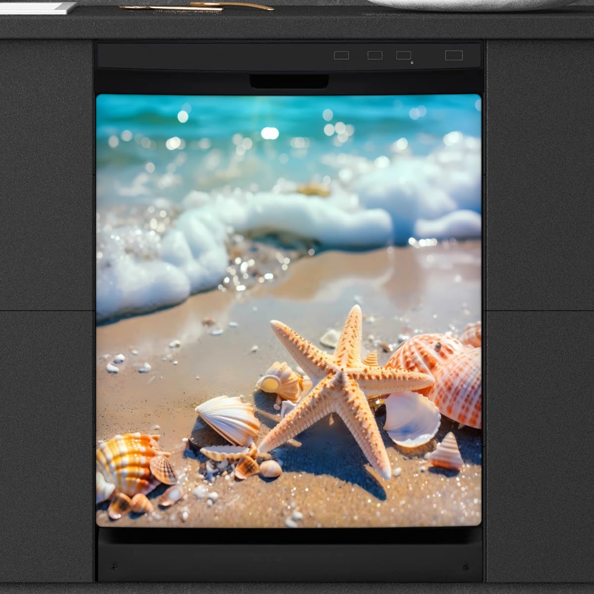 Dishwasher Magnet Cover Sea Beach Starfish Seashell Reusable Dishwasher Magnetic Cover Sticker Decorative Dish Washer Door Cover Panel for Home Kitcen Appliance