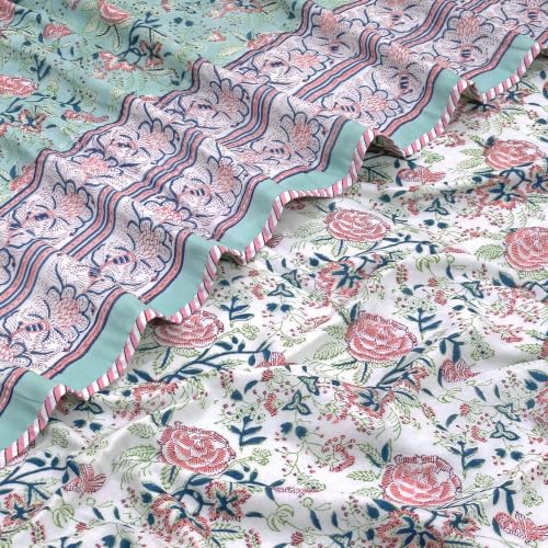 Image of TOAIArt Premium Jaipuri Dohar | AC Blanket Summer Quilt | Hand Block Printed | 3 Layers | Reversible | 150GSM 100% Mulmul Cotton | 100% Cotton Flannel Filling | Single 60 inch X 90 inch|Rose on Green