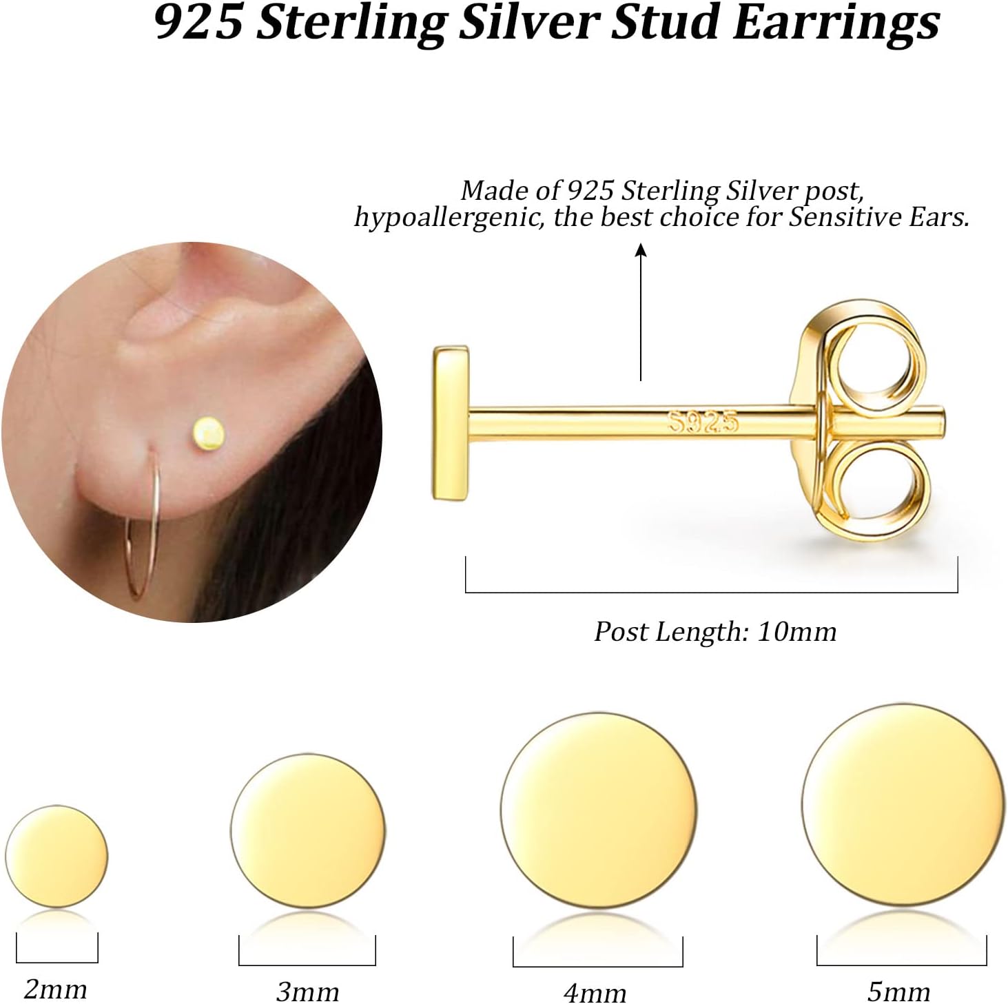 Sterling Silver Stud Earrings for Women Men, 3 Pairs Tiny Flat Dot Earrings Set | Small Round Disc Stud Earrings Dainty Cartilage Tragus Circle Triangle Earrings(Silver/Gold/Rose Gold) - Image 2