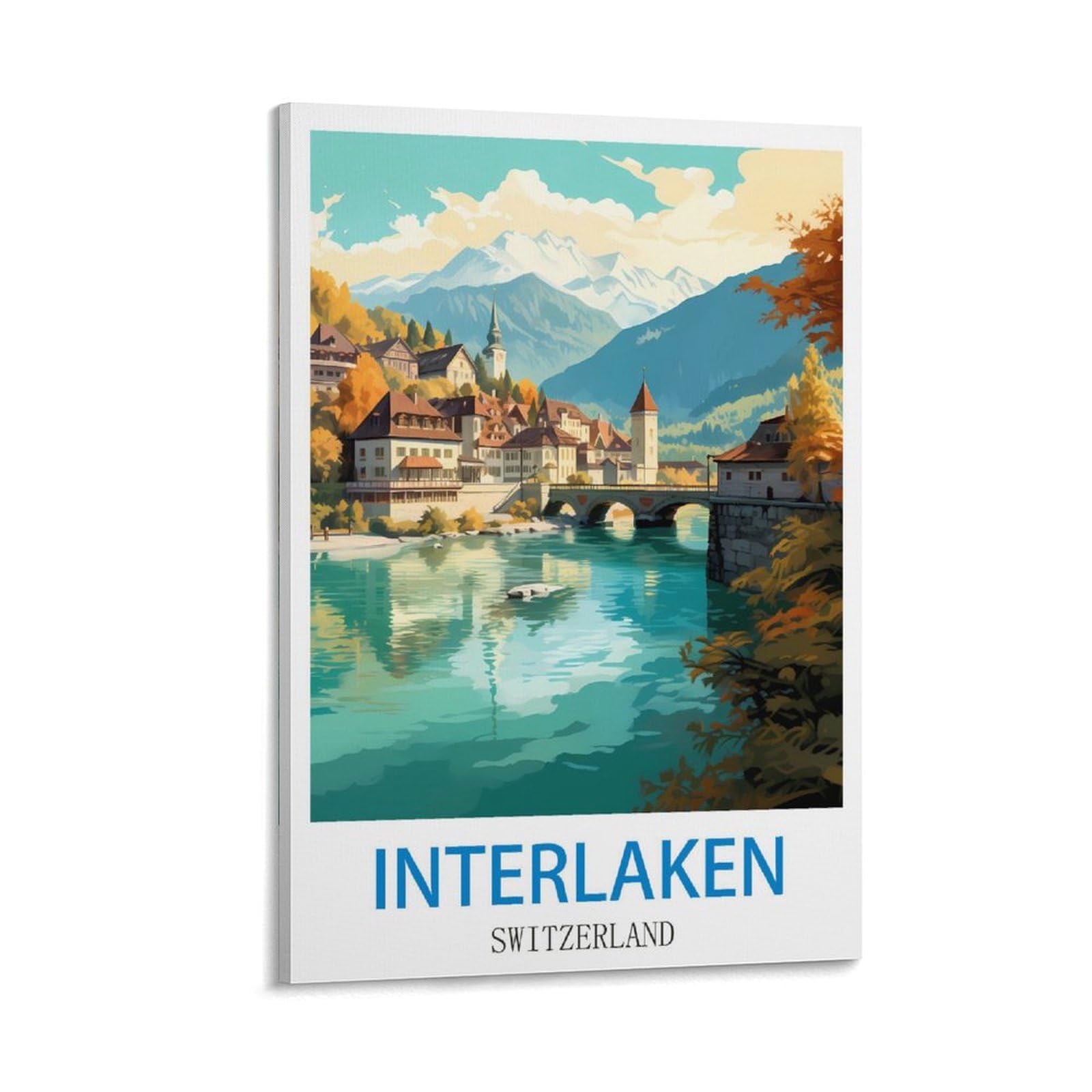 Fzyuen Frame-Style Interlaken Switzerland Vintage Travel Poster 12X18inch(30X45cm) Canvas Wall Art Prints For Wall Decor Room Decor Bedroom Decor