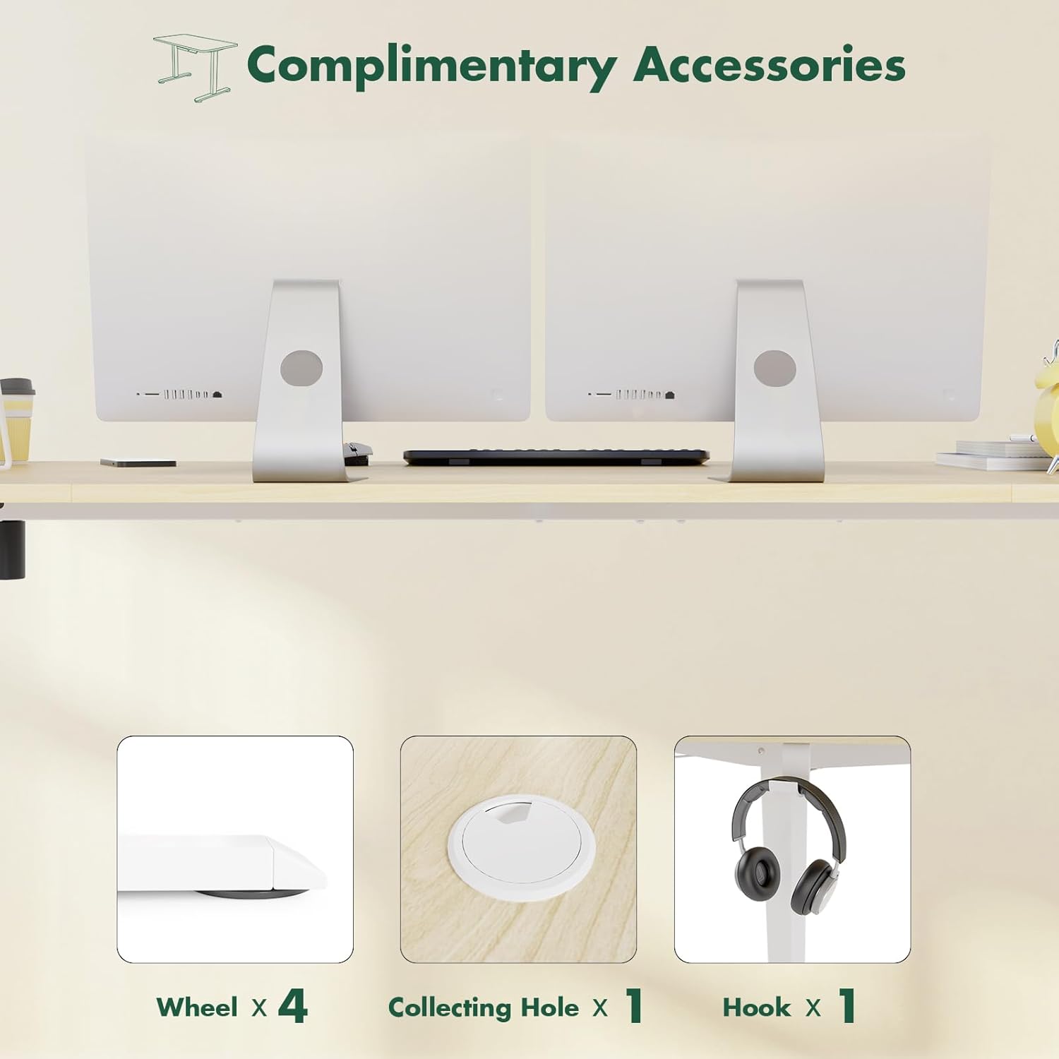 Image showing complimentary accessories for the Triumphkey Electric Standing Desk: 4 wheels, 1 cable collecting hole, and 1 headphone hook.