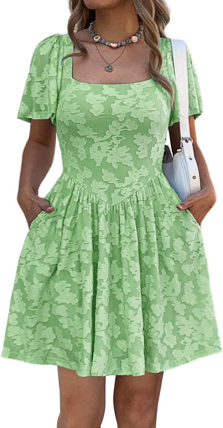 Women's Summer Floral Jacquard Square Neck Short Sleeve Mini Dress A-Line Casual Wedding Guest Dresses with Pockets