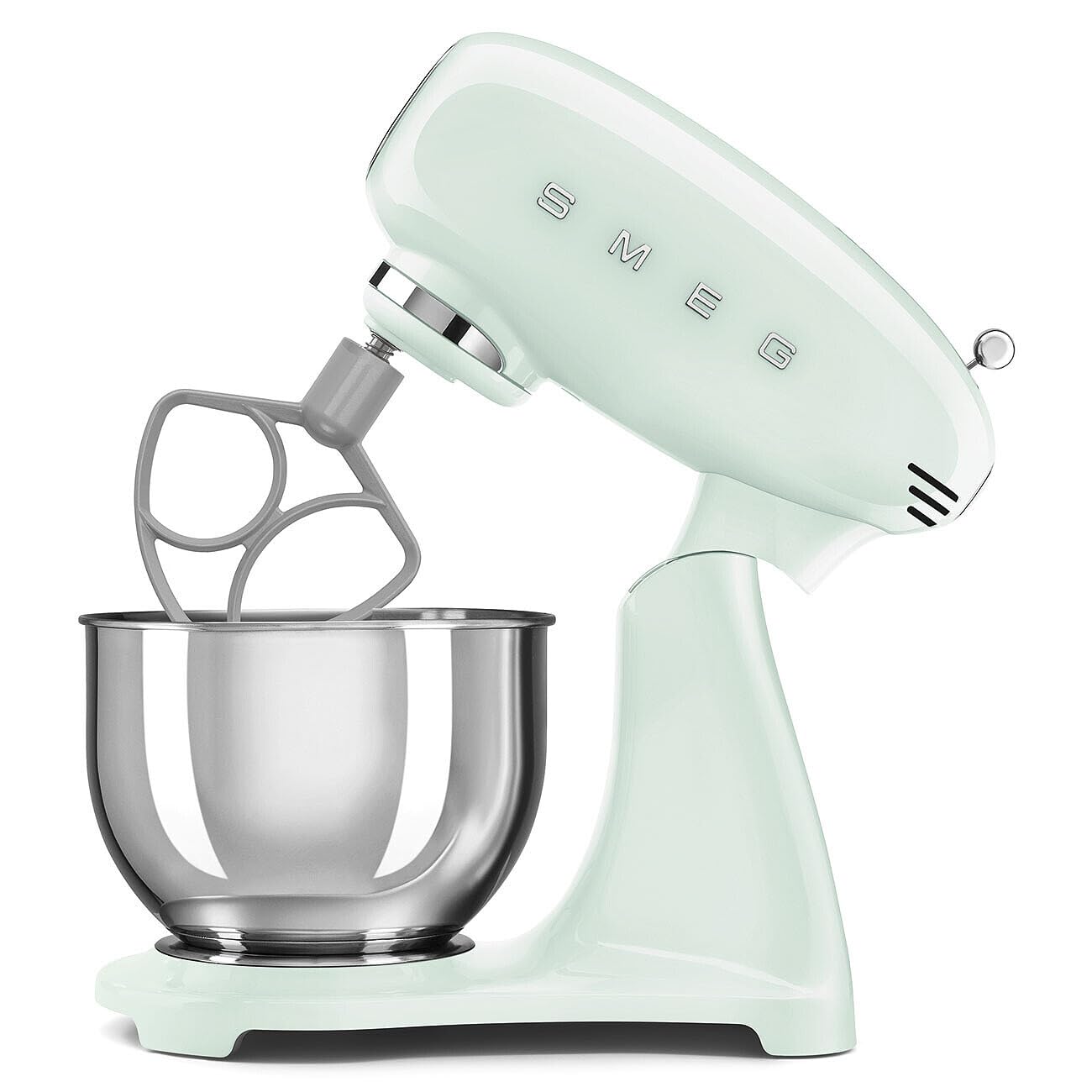 Smeg, Full Color SMF0PGREU Planetenkneter, 10 Geschwindigkeitsstufen, Smooth Start und Steady Mix Funktion, 4,8 L Schüssel, Motorblock, 3 Schneebesen und Knethaken, 800 W, pastellgrün
