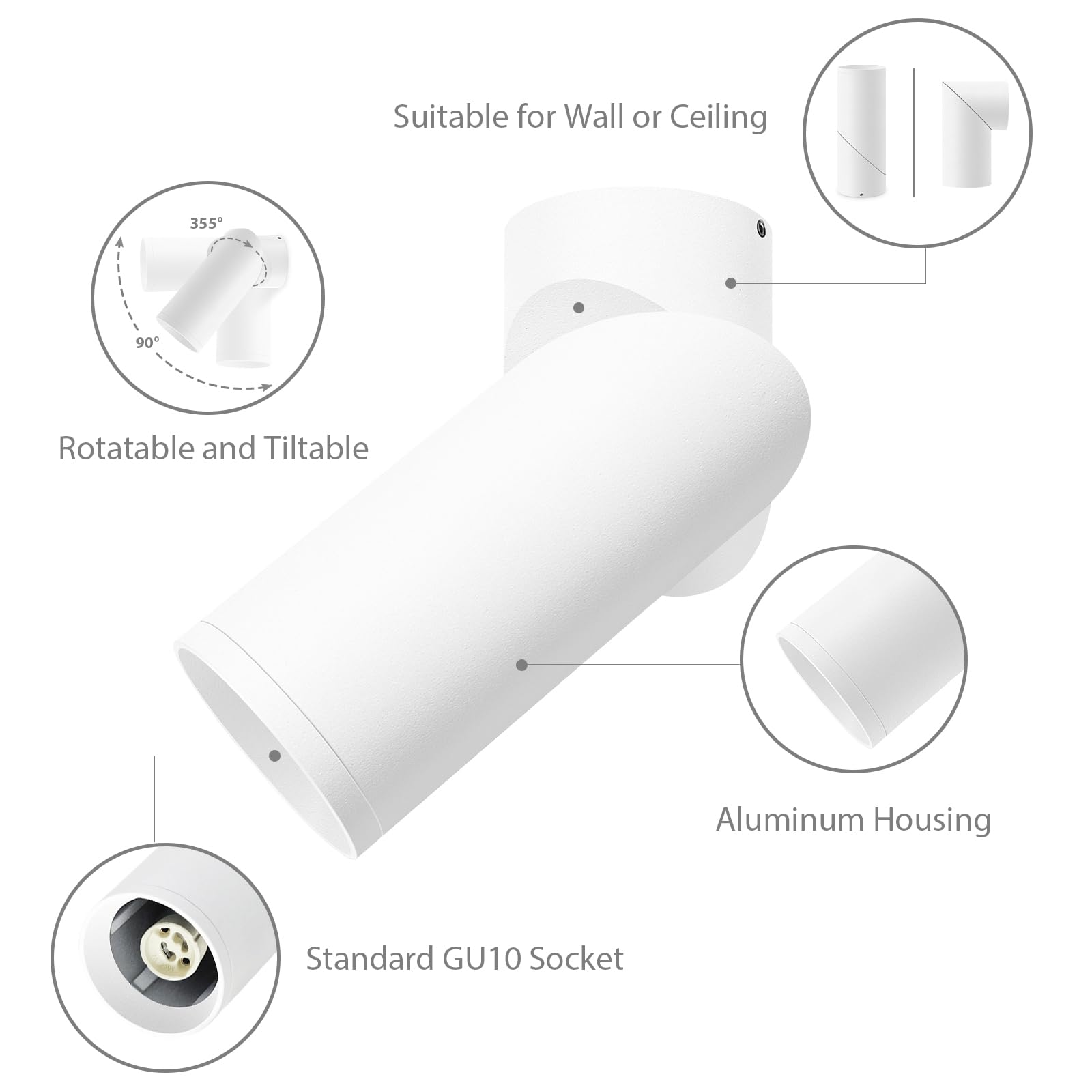KYOTECH Spot Plafond Blanc Spot Plafonnier Orientable Moderne Luminaire Plafonnier Base GU10 Éclairage de Plafond Aluminium Rond LED Spot Mural pour Cuisine Salon Chambre