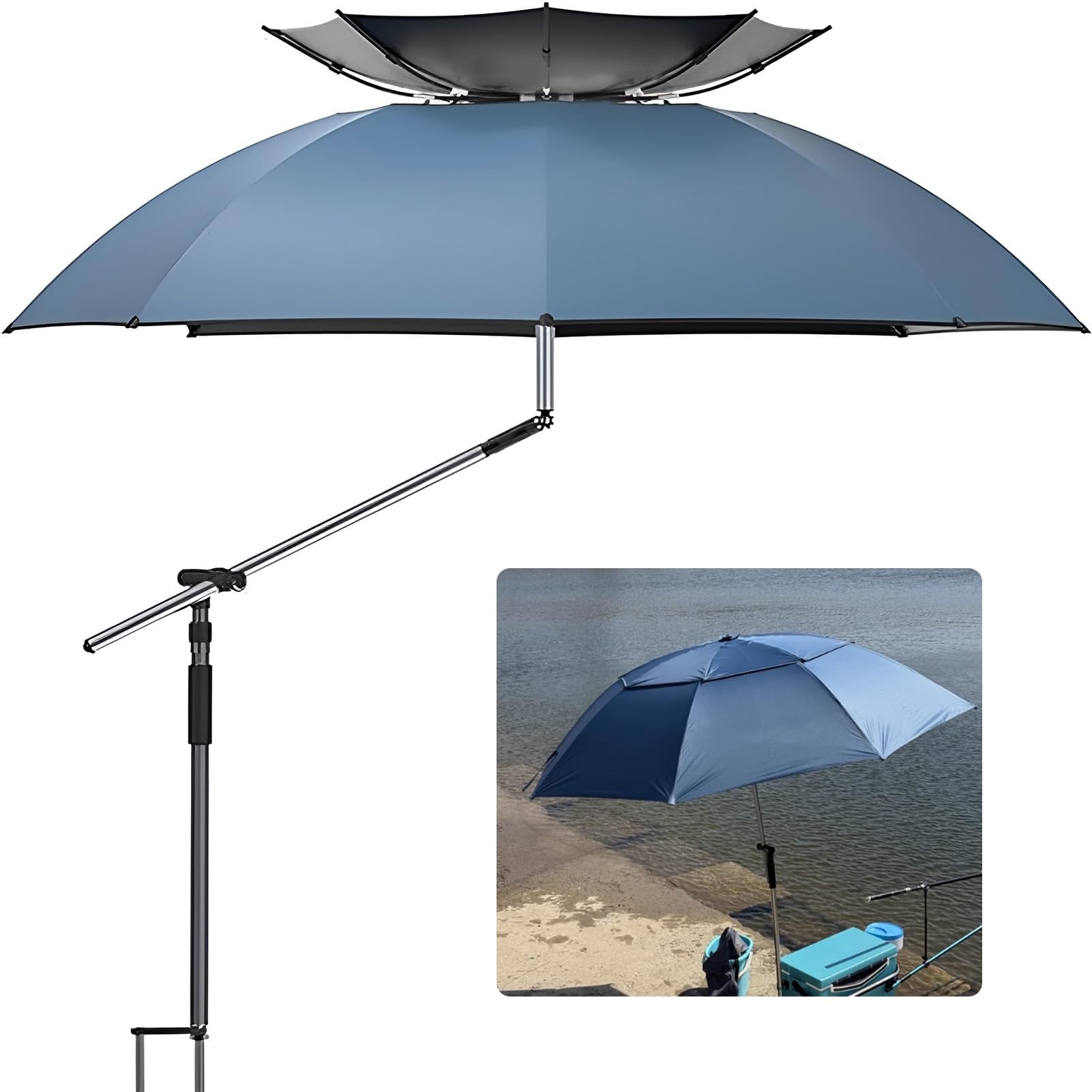 220/240 cm Parasol Wędkarski Przenośny, Wiatroodporny Parasol Podróżny z Aluminiowym Drążkiem, UV50+ Wodoodporny z Torbą Transportową i Kotwicą