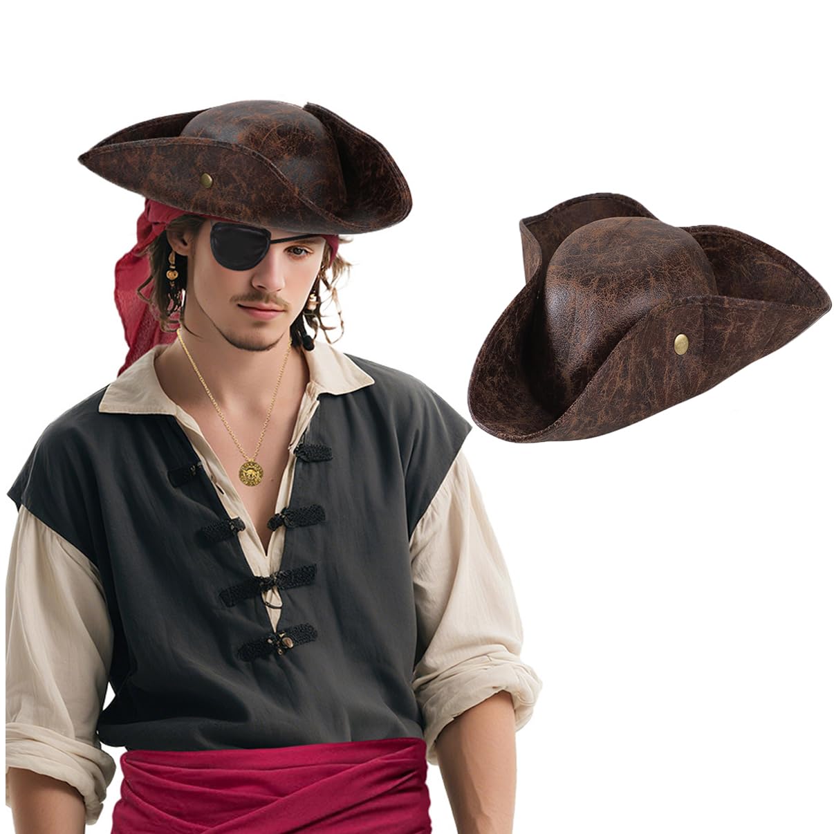 Pirate Hat Pirate Captain Role Play Outfit Accessory Tricorn Hat Leather Medieval Distressed Tricorn Colonial Cap Caribbean Costume Fancy Dress Halloween Carnival Cosplay Party Headwear Cavalier Cap
