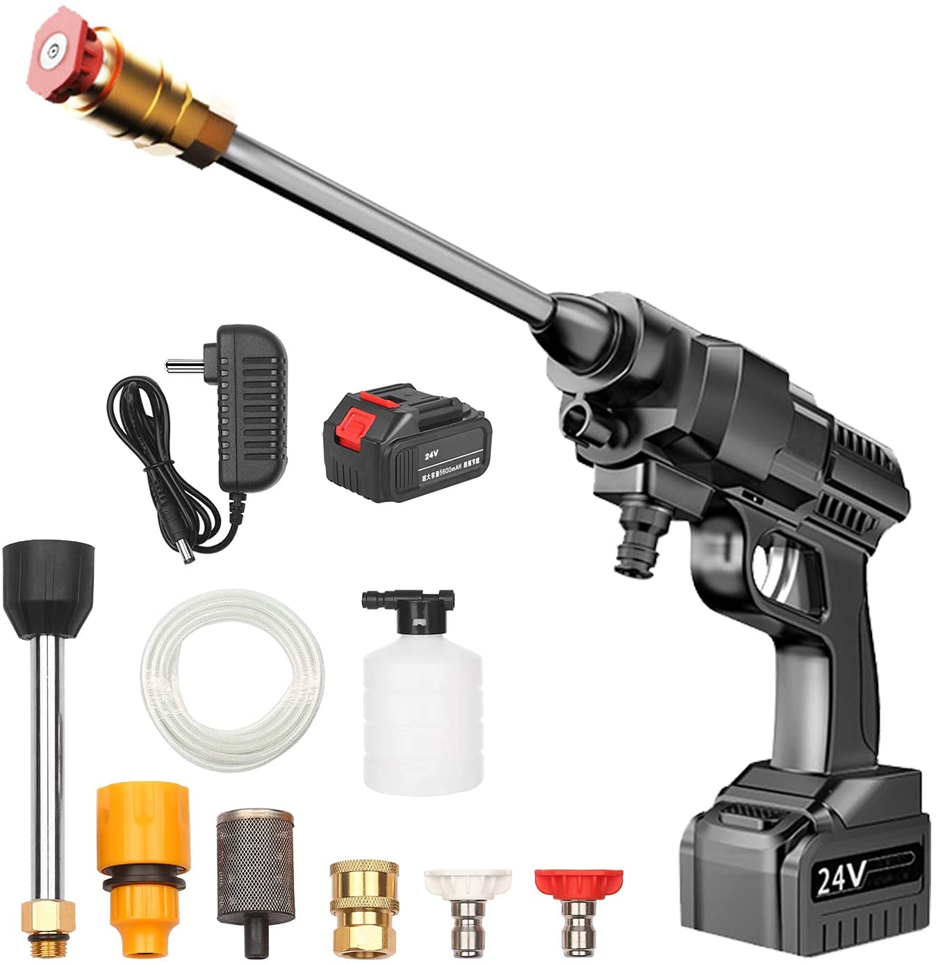 24V Cordless Portable Washer Electric High Pressure Cleaner Machine 200W 30Bar Lithium Handheld Car Cleaning Device With Foam Generator Nozzle Water Pump (Black 24V)