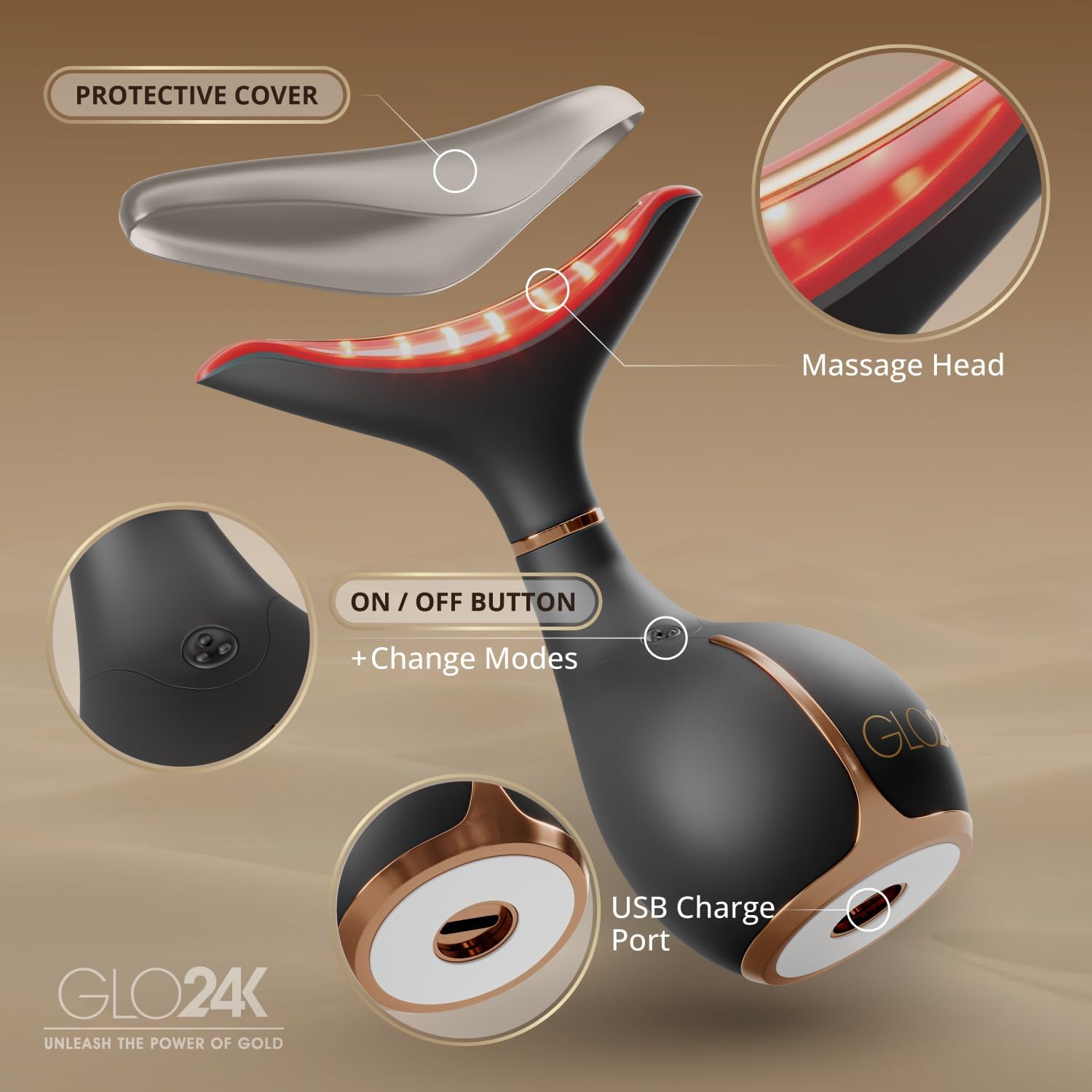 GLO24K - Dispositivo di bellezza per ringiovanimento della pelle per viso e collo. basato su tecnologie a LED a tripla azione, termiche e vibrazioni.