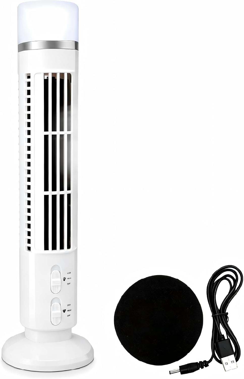 Cichy wentylator wieżowy, mini wentylator USB kolumnowy z światłem, regulowany przenośny, na baterie, do domu, sypialni, biura (Biały)