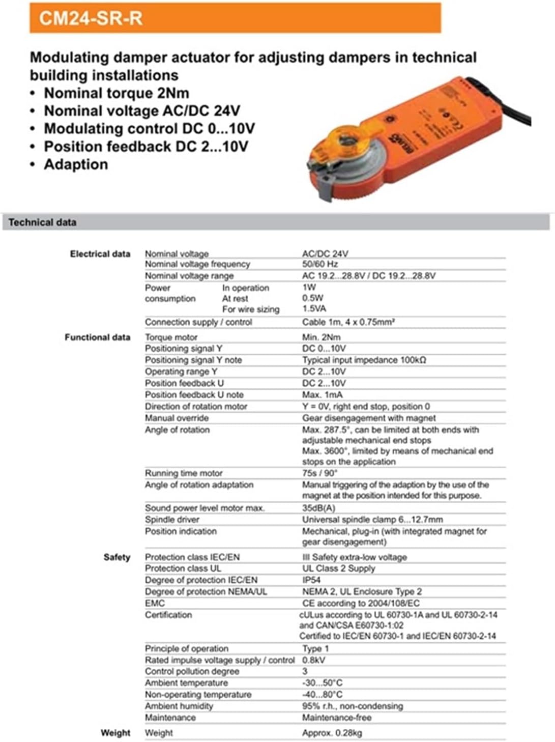 2NM CM24-SR-R CM24-SR-L AC24V DC24V Modulating Damper Actuator for Adjusting Dampers with Position Feedback(CM24-SR-R)