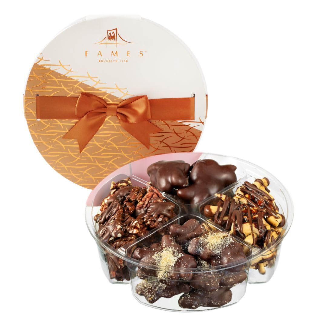 Nut Clusters Chocolate Gift Box - Assorted Caramel Brittles, Pecan Patties, Almond & Cashew Clusters, Kosher Dairy Free Nuts and Chocolates Basket, Dark Chocolate Covered Nuts Mother's Day Baskets Gifts