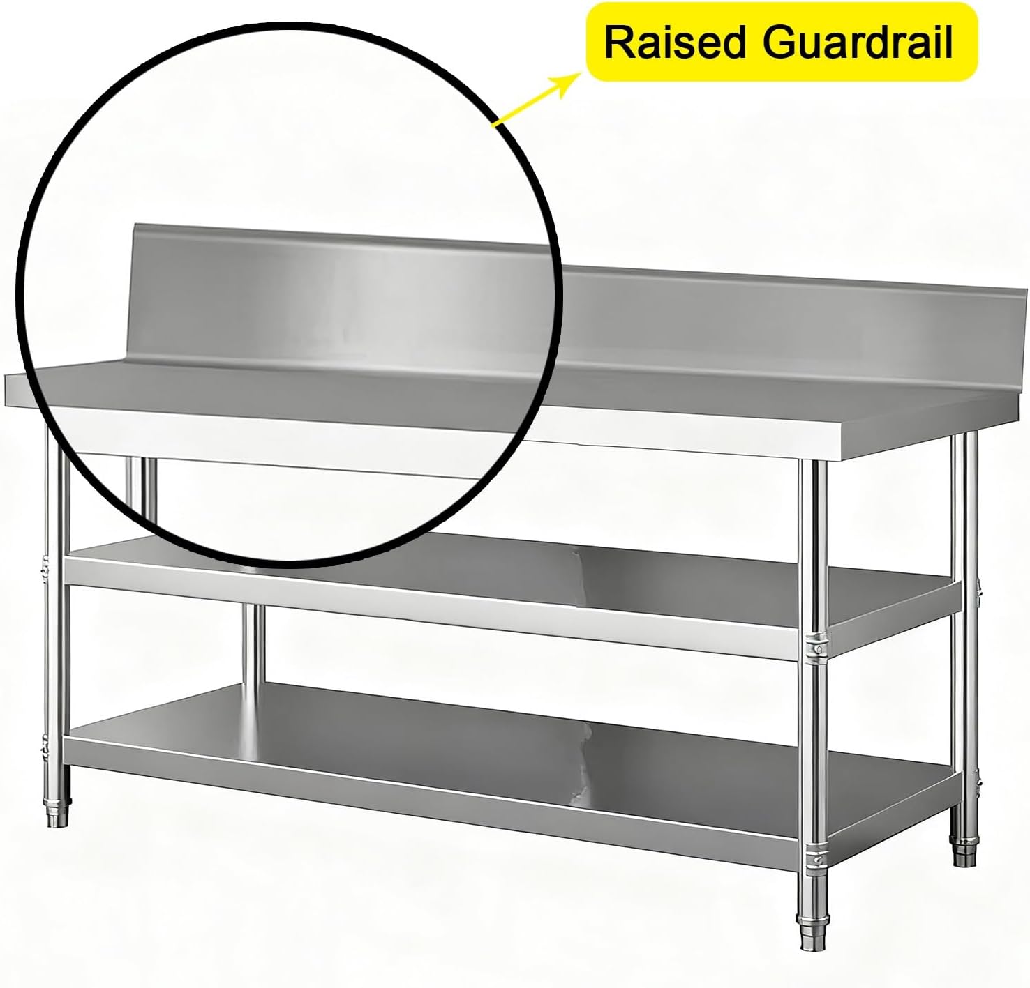 3-Tier Stainless Steel Table with Backrest Kitchen Work Tables Reinforced Shelves Heavy-Duty Support Columns Triangular Reinforcement Crossbeam Serves as Storage Rack