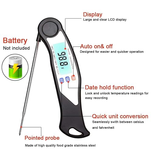 Miniatura 2 de Termómetro digital para carne, termómetro de lectura instantánea para cocinar, sonda plegable con luz de fondo, termómetro impermeable para