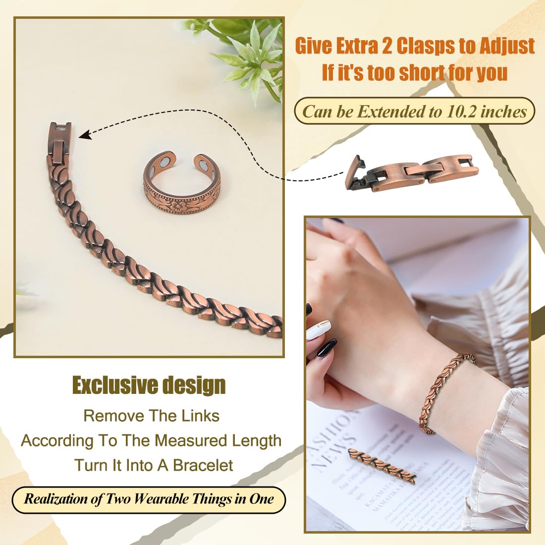 Vicmag Tobillera de cobre para mujer, pulsera de tobillo ajustable de 10.1 pulgadas (cola de peces)