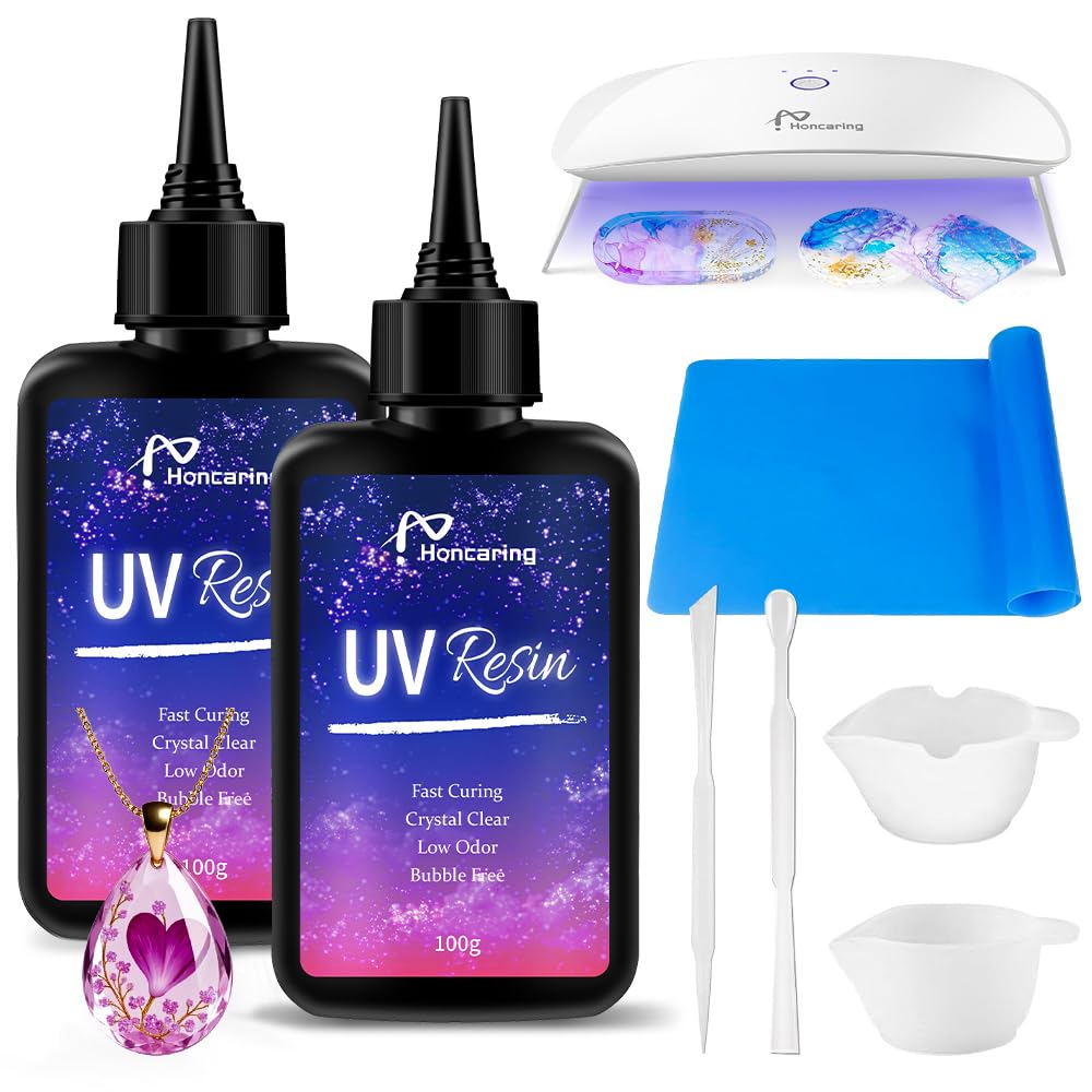 UV Resin Kit 200g with UV Light, Upgraded Formula & Crystal Clear UV Resin for Jewlery Making, 100g*2 Resin UV Kit with Light for Earring, Pendant, DIY