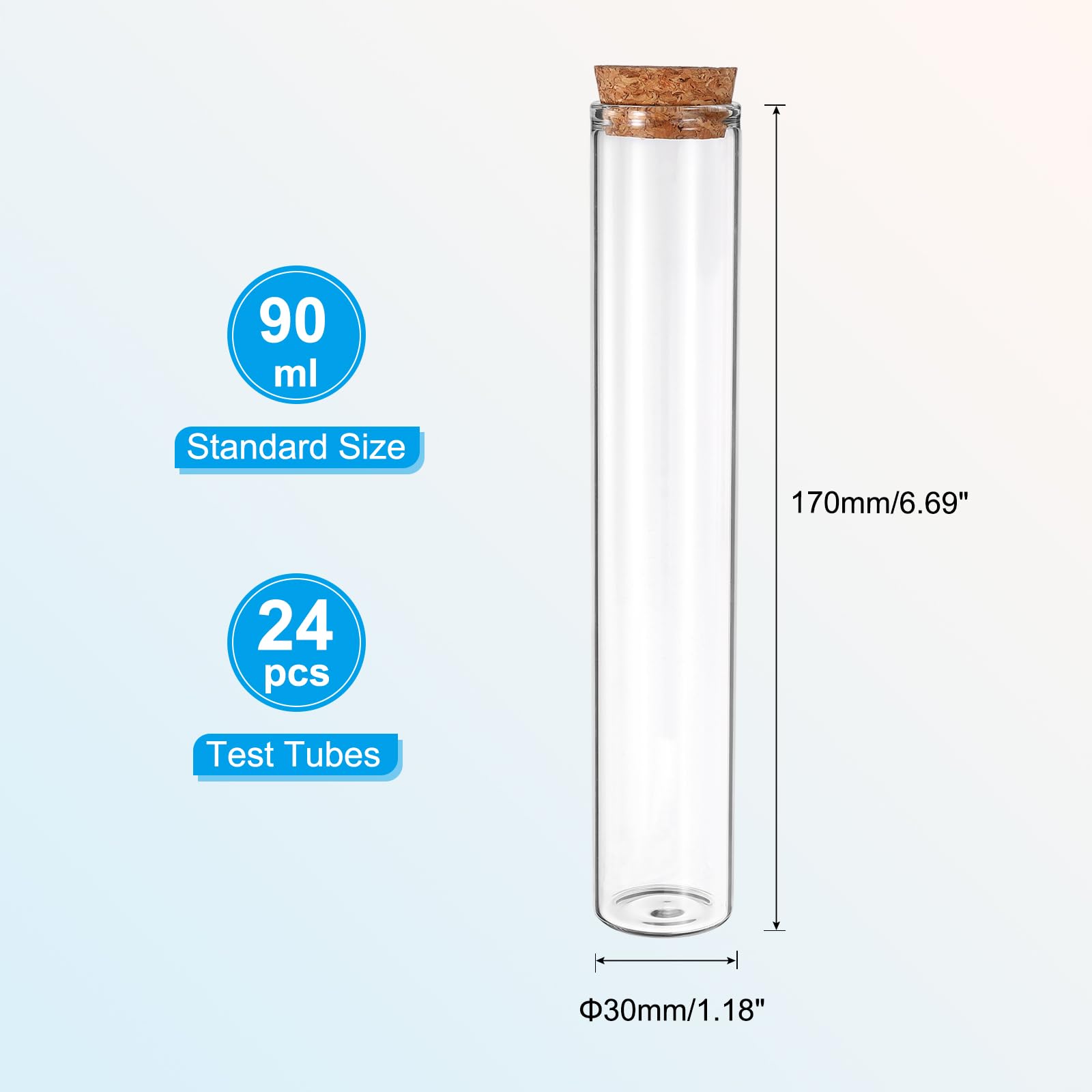 PATIKIL Tubos de ensayo de 90 ml, 24 unidades, 6,69 x 1,18 cm, cristal transparente, fondo plano, tubo de ensayo, recipiente con tapón de corcho para perlas, fiestas, dulces, sales de baño