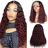 26 Inch Ombre Burgundy Lace Front Wig Human Hair Pre Plucked Bleached Knots 5x5 Lace Closure Wig Middle Part With Baby Hair Ombre Kinky Curly Virgin Brazilian Human Hair 1B/99j Wine Red Wigs For Women