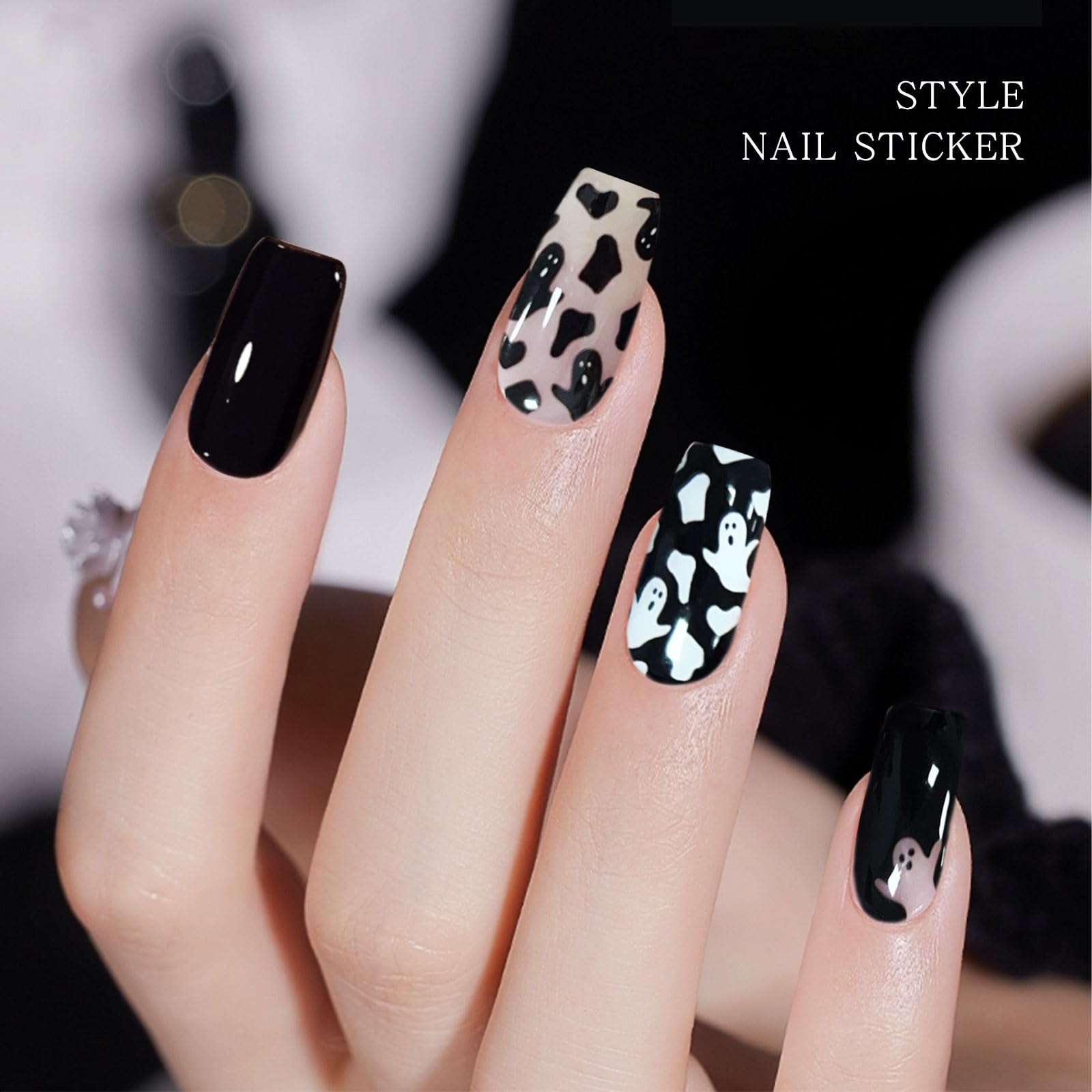 JMEOWIO Gel Nail Stickers Halloween Black White Cute Ghost Semi Cured Gel Nail Strips Wraps UV/LED Nails Art Design Decoration Accessories - Image 4