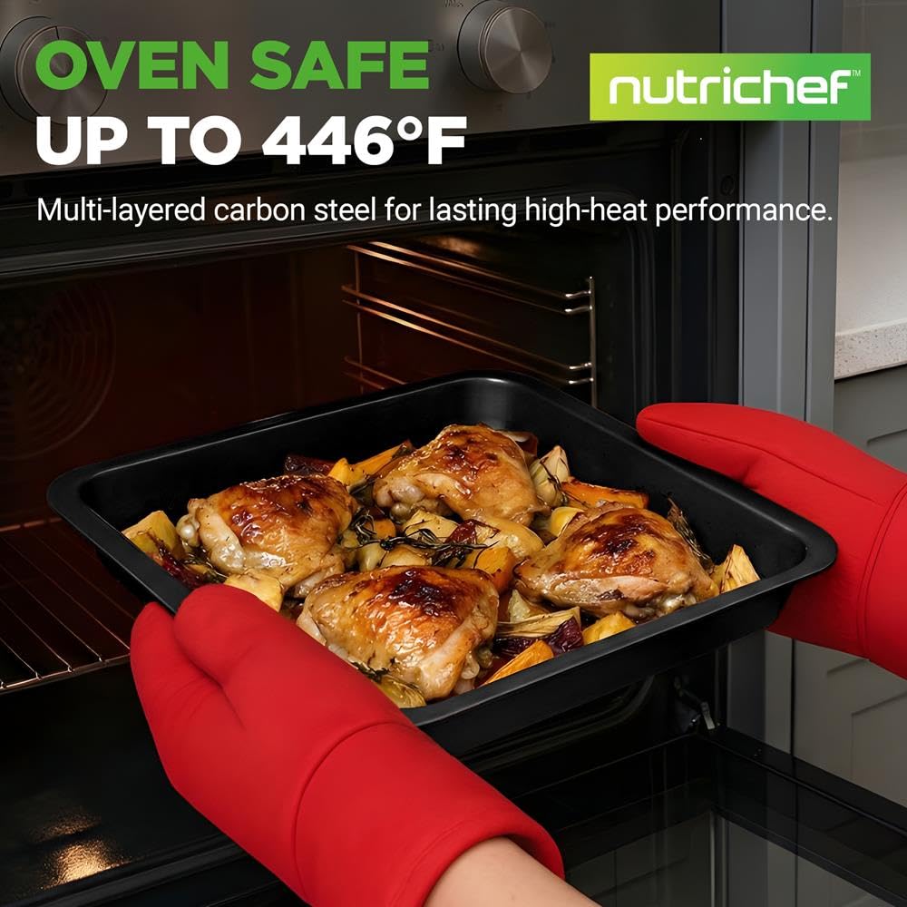 Nutrichef Lot de 10 plaques de cuisson antiadhésives pour four, plaques à biscuits, plaques à biscuits, carrées, rondes, en acier carbone, pour pain, pizza, cupcakes, passent au lave-vaisselle, noir