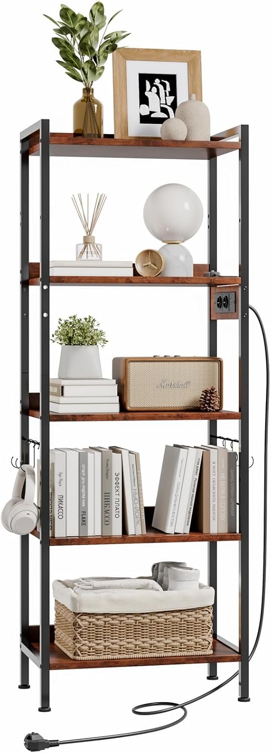 Dripex Estantería de cocina de 5 niveles, estantería de pie con enchufe, estantes de almacenamiento, 8 ganchos en S, estantería independiente para salón, dormitorio, oficina, 60 x 35 x 165 cm