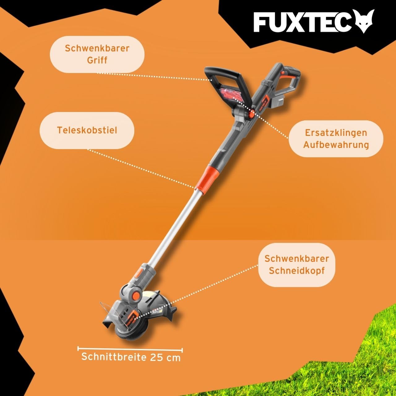 FUXTEC 20V Akku Garten Geräte Set FX-E1RM20ECO-SET & FX-E1RT20-SET • Akku Rasenmäher 30cm & Rasentrimmer 25cm • 2X 2Ah Akku mit Ladegerät • Wechselakku System • Kabellos • Akkumäher mit 30L Fangkorb