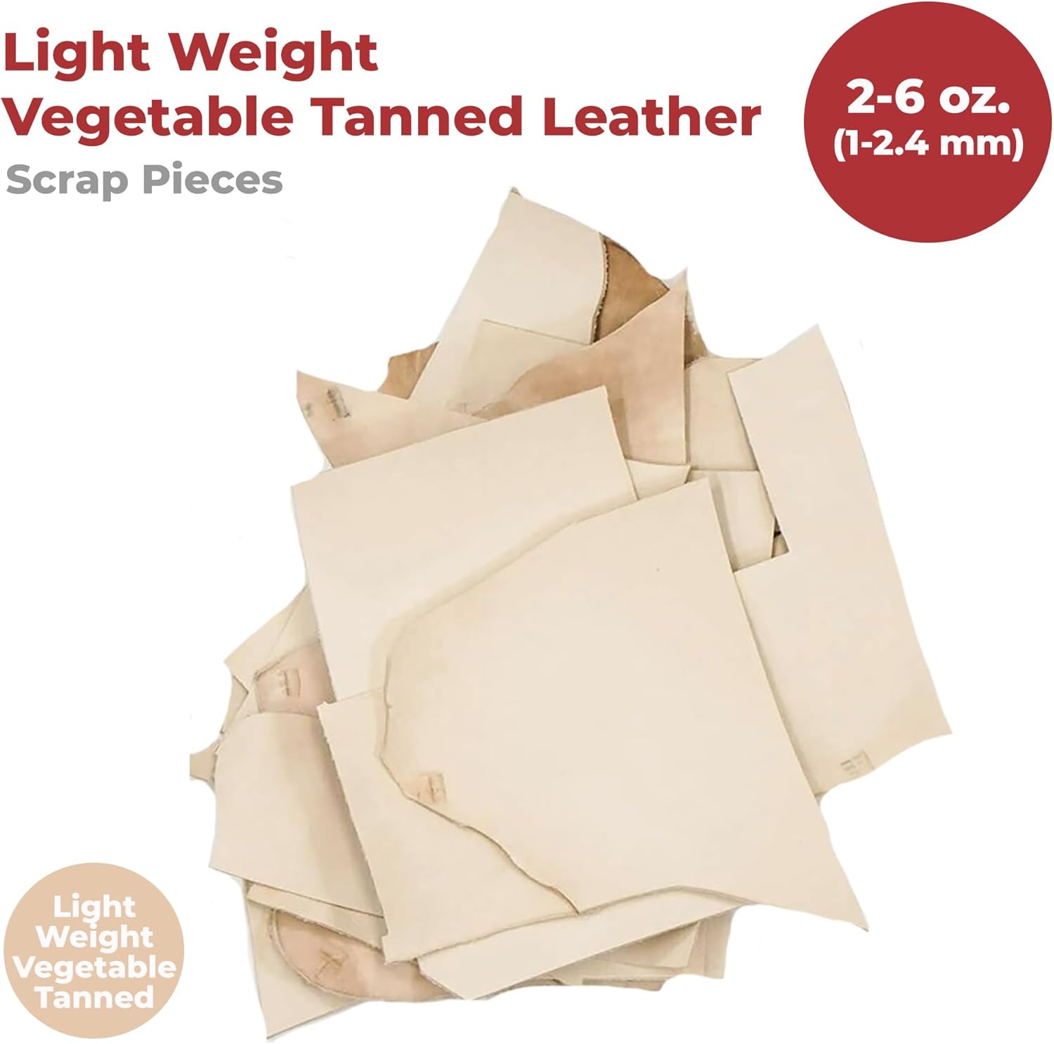 ELW Vegetable Tanned Leather Scraps | 2-6 oz Light Weight | Size: 2 LB | Genuine Cowhide Full Grain Leather Remnants for DIY, Crafting, Leatherworking, Tooling | Natural Veg Tanned - Lightweight