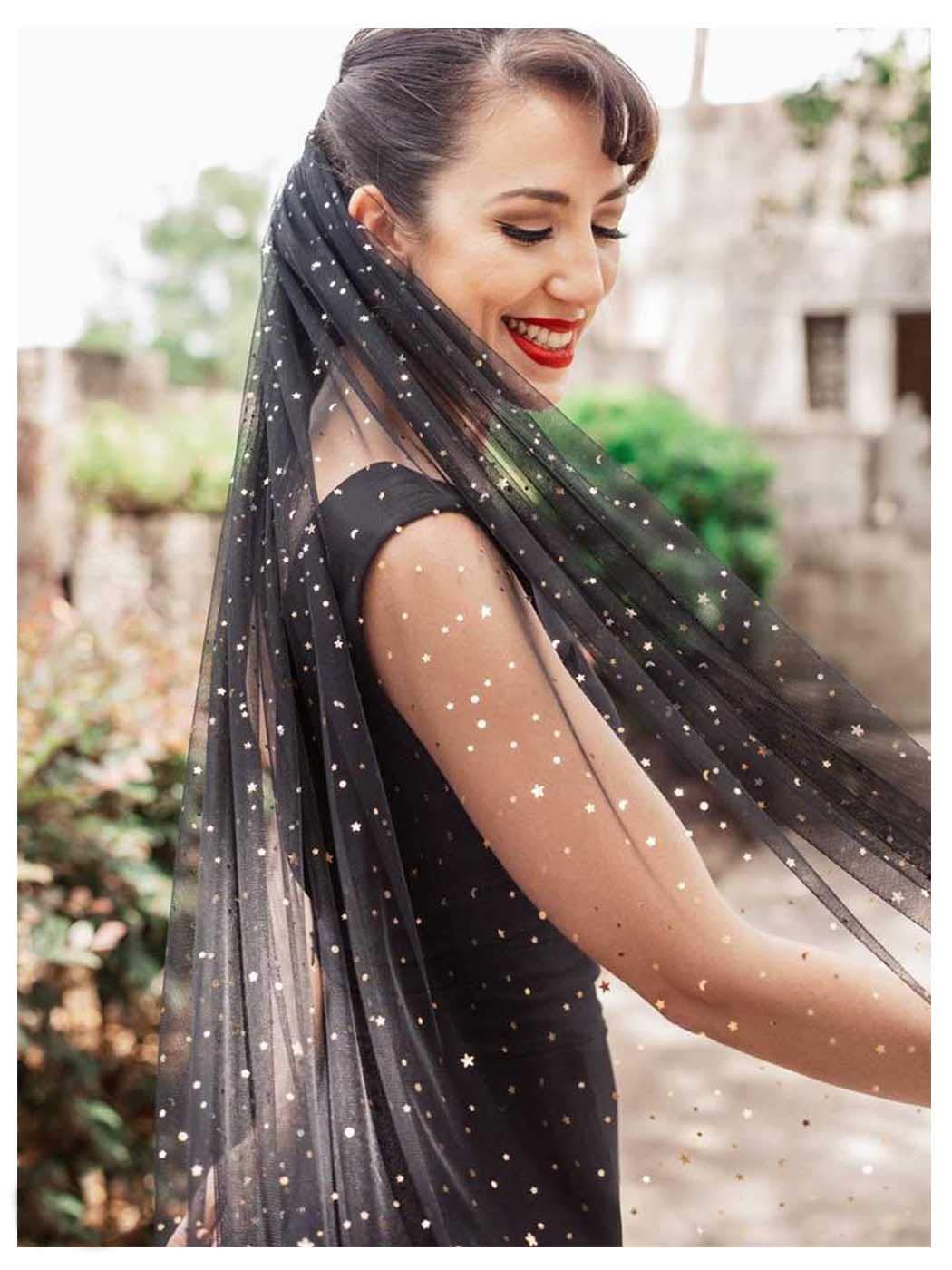 Yokawe Black Long Wedding Veil 1 Tier Star Wedding Veil Lace Bride Veils with Comb Black Wedding Headpiece Costume for Women, Black, 60 Inch (Pack of 1)