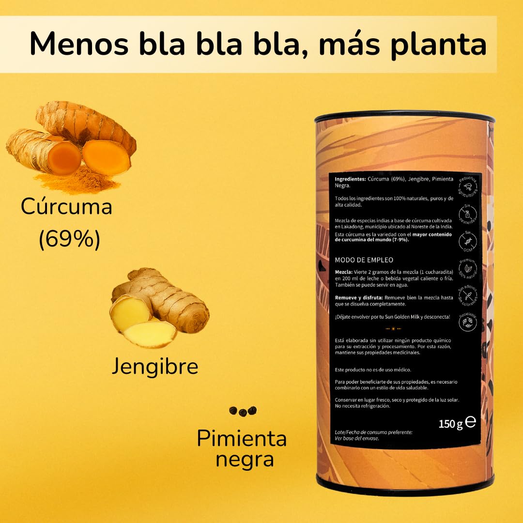 Sun Golden Milk Expert 150gr (75 porciones) - Leche dorada en polvo - Ingredientes 100% Naturales – Curcuma en polvo con Jengibre y Pimienta negra con alta concentración de curcumina