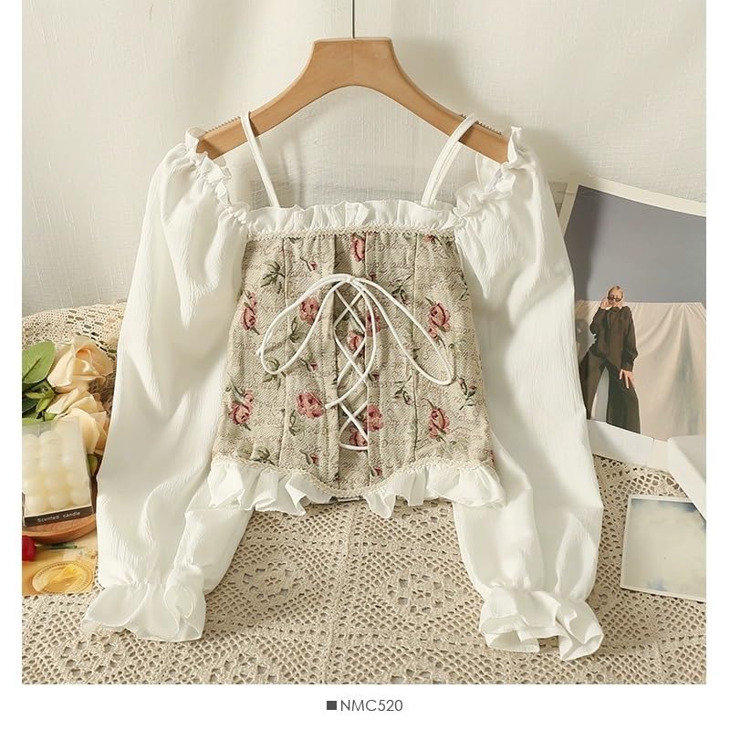 Image of ICW Women Korean Retro Style Vintage Floral Jacquard Lace-Up Off-The-Shoulder Smock Puff Sleeve Ruffled Crop Blouse Corset Top DN6021