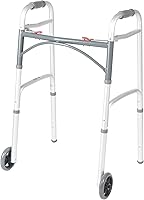 Drive Medical Two-Button Folding Walker with Wheels | Lightweight Aluminum Rolling Walker, Adjustable Height, 5" Wheels, 350lb Support - Silver