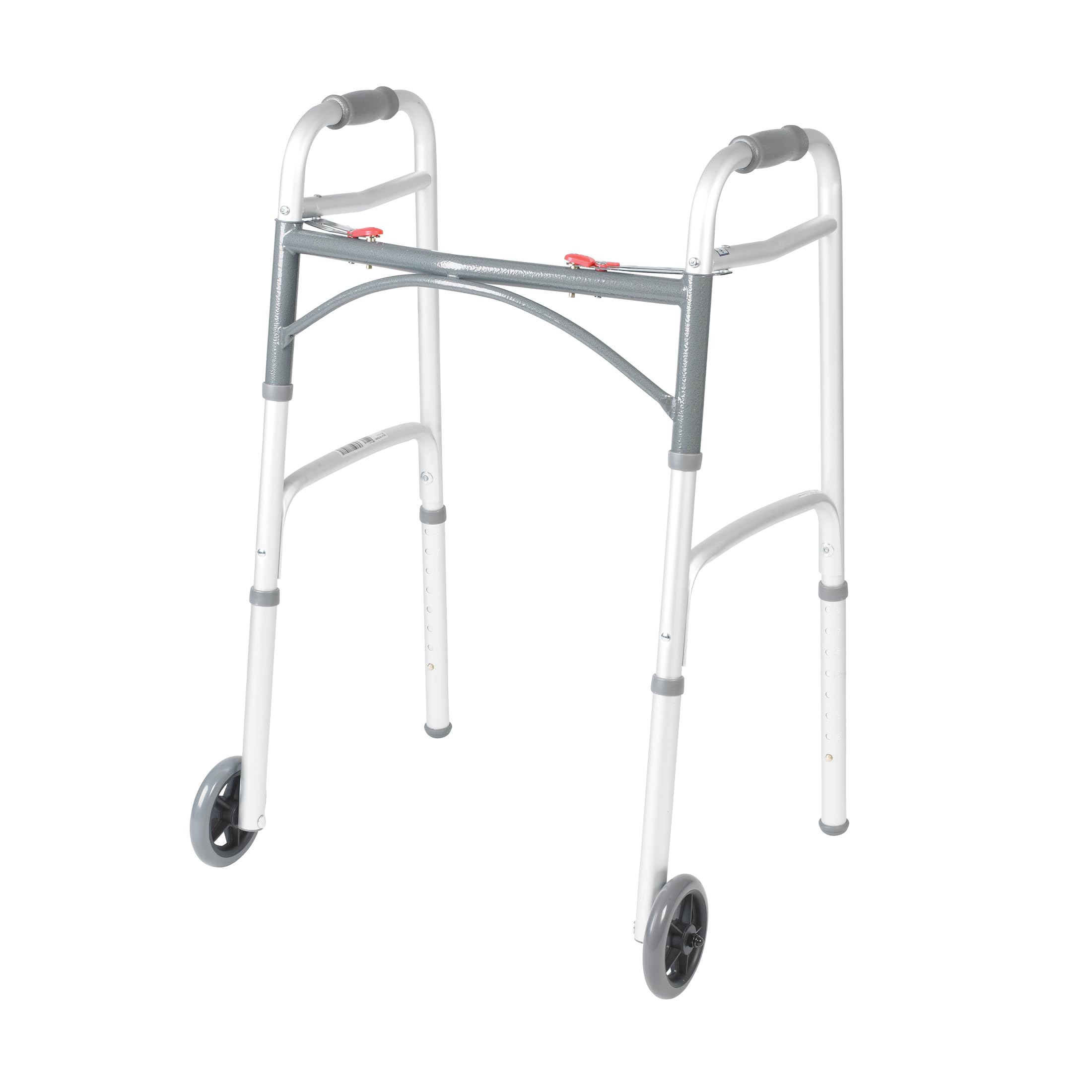 Drive Medical Two-Button Folding Walker w/ Wheels - Lightweight Rolling Mobility Support - Desk Arms - Adjustable Height - Dual Push-Button Operation - 5 Inch Front Wheels - Durable Aluminum - Silver