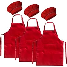6 Pieces Kids apron and Chef Hat Set -Cotton Children Apron with 2 Pockets and Elastic Mushroom Shaped Chef hat Medium, Color 6