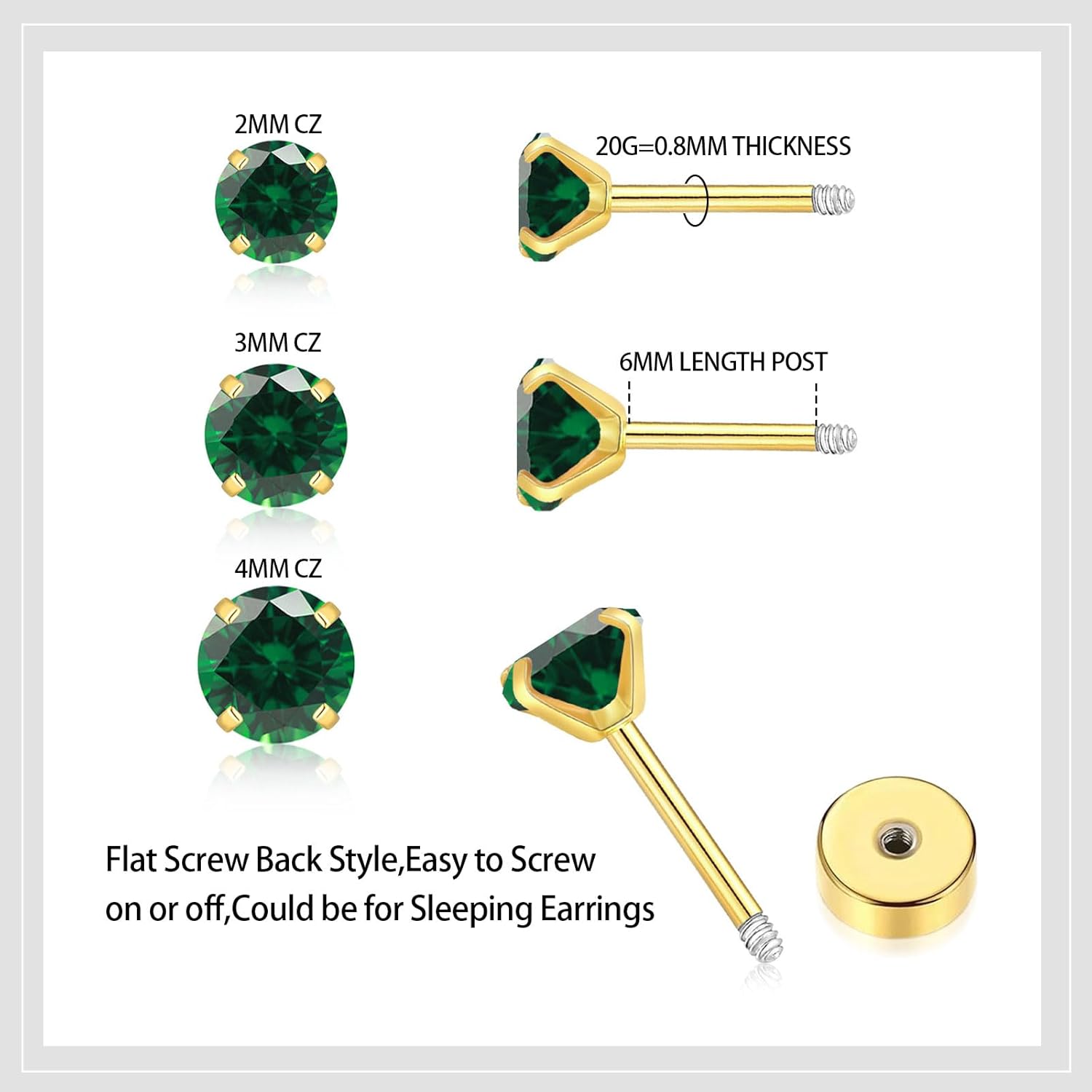 3Pairs CZ Stud Flat Screw Back Earring Studs for Women, Handmade 20G Hypoallergenic Screw Back Cartilage Helix Piercing Stud Earrings - Image 3