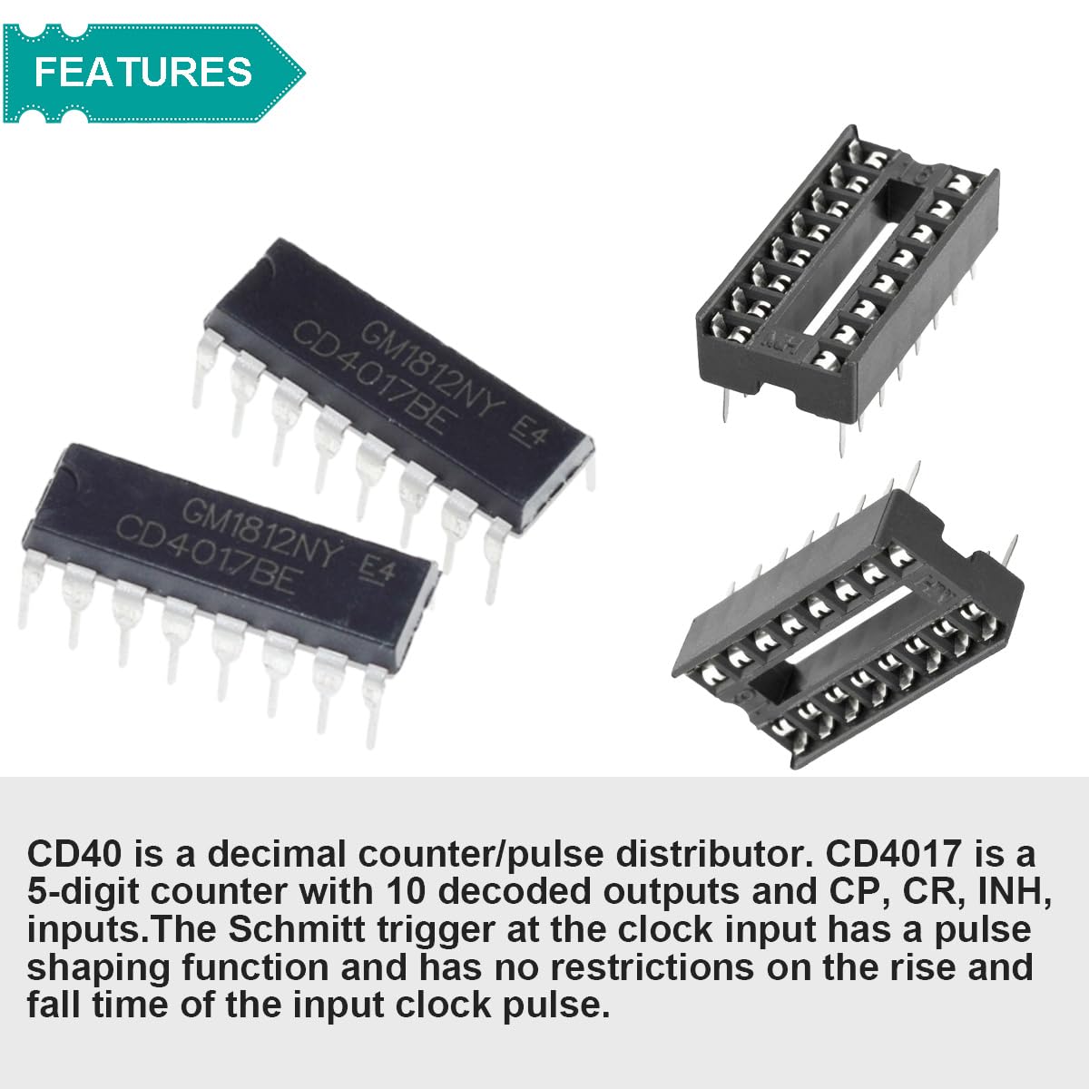 CD4017BE Contatore DIP Contatore IC Contatore decadale CMOS CD4017 Divisore DIP-16 Controllore con zoccolo DIP-16 IC per Arduino Esperimento elettronico fai da te(confezione da 20)