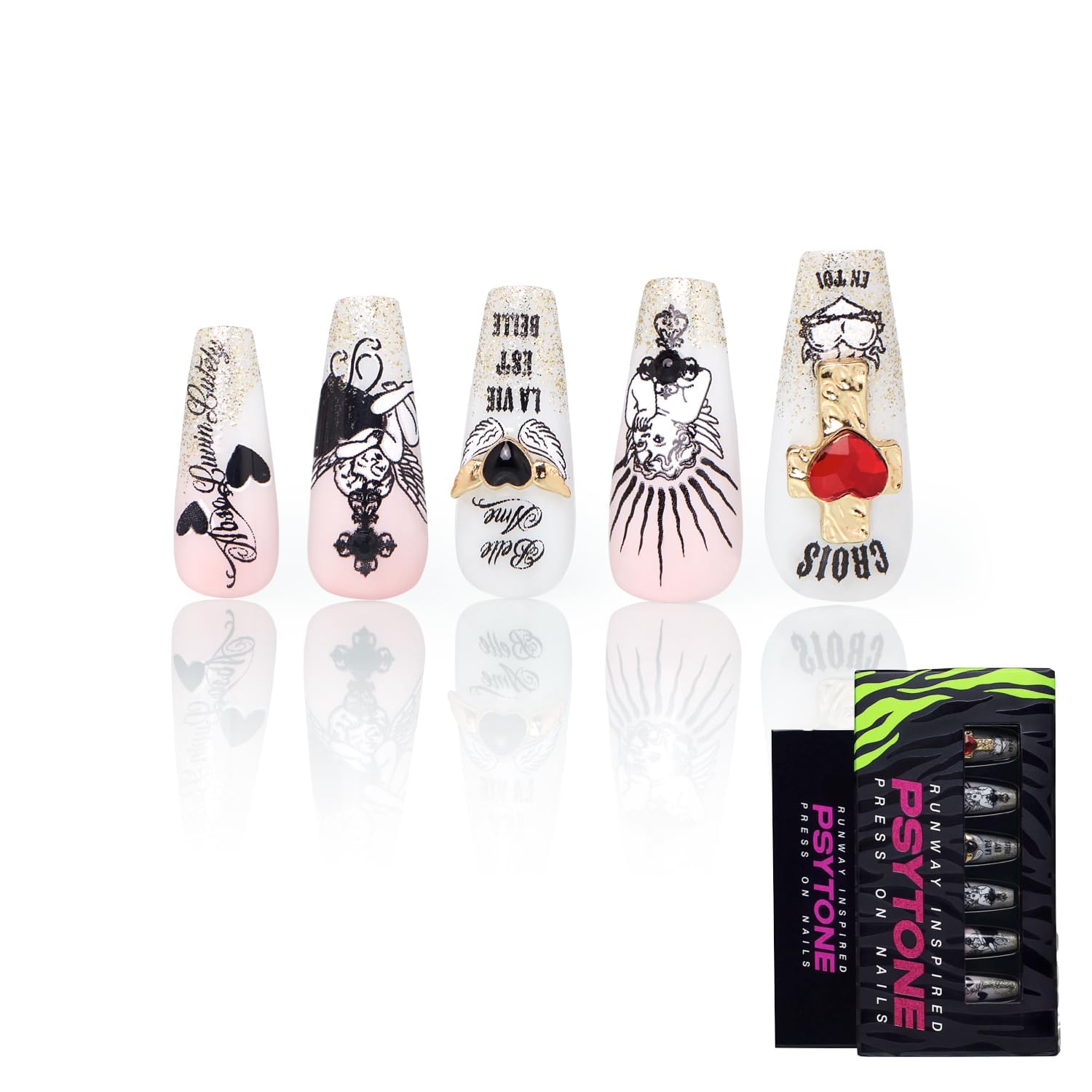 PSYTONE Press on Nails Long Rhinestone Pink Fake Nails Black Nails Square Bling Glossy 3D Flower False Nail Tips Artificial Nails Finger Manicure for