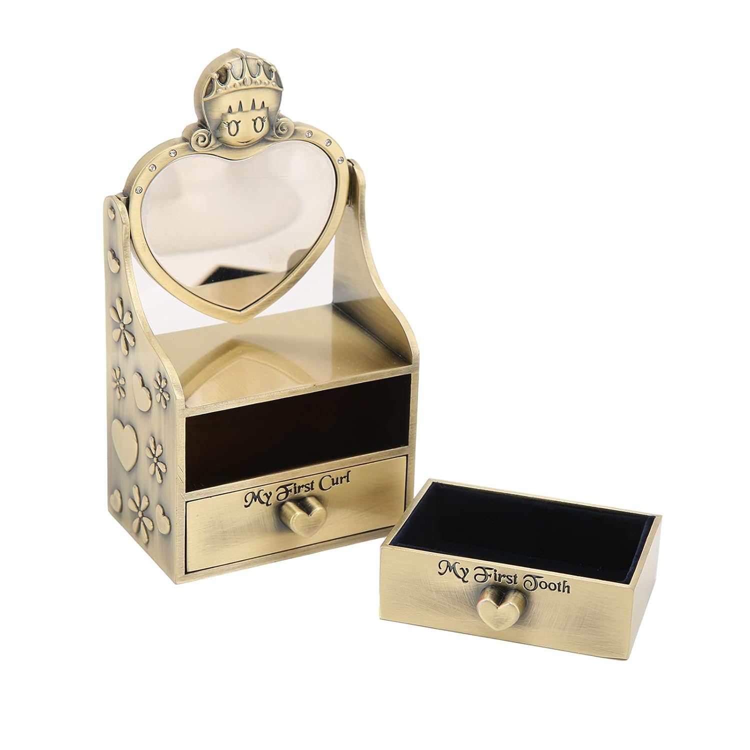 Baby Keepsake Box, Tooth Fairy Gifts for Girls Boys, Cute Pumpkin Carriage Design with Two Drawers, Zinc Alloy Silver - Plated Durable Storage Box for Baby Teet (Antique Brass Color)
