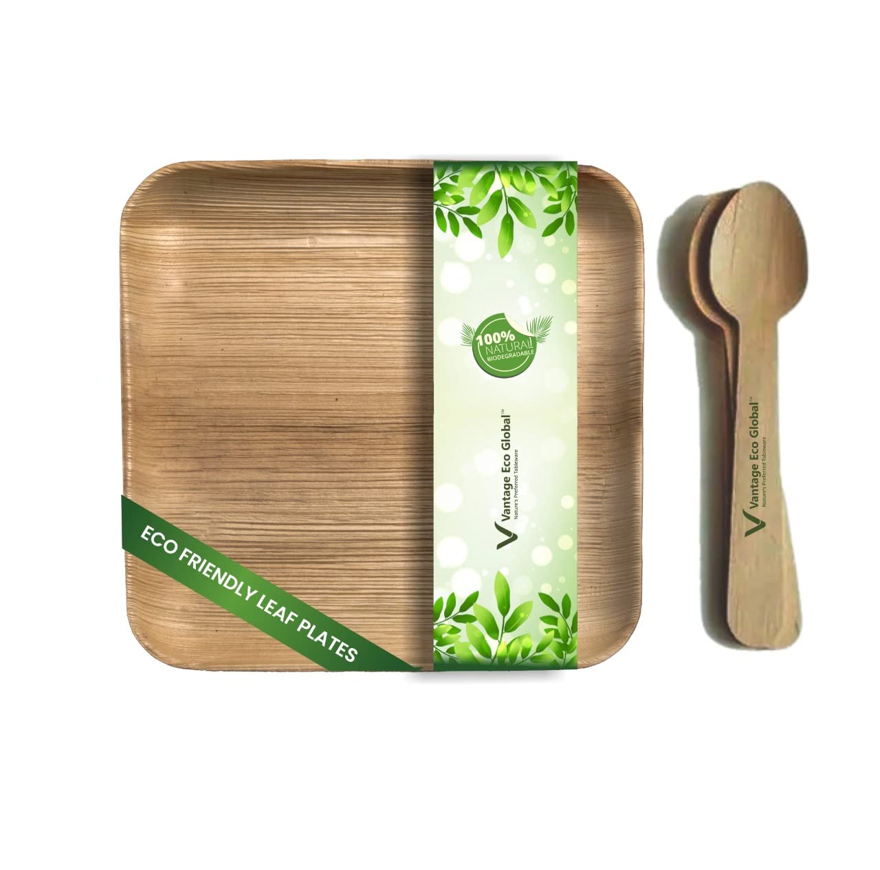Vantage ECO Areca Palm Leaf Square Plate 8” Combo Pack with Spoons | Party Pack of 25 Nos | Ecofriendly, Compostable, Natural, Disposable Tableware | Suitable for Parties, Weddings and Events
