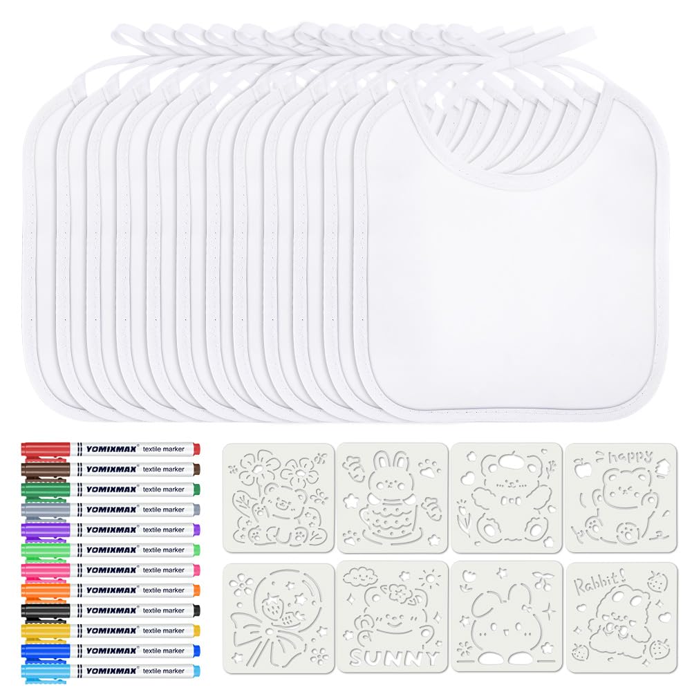 Aolso Baby Lätzchen zum Bemalen - 12 Weiße Lätzchen Mit 12 Textilstift und 8 Zeichenvorlage, Geschenke zur Babyparty, Wasserdicht (20 * 17.5cm)