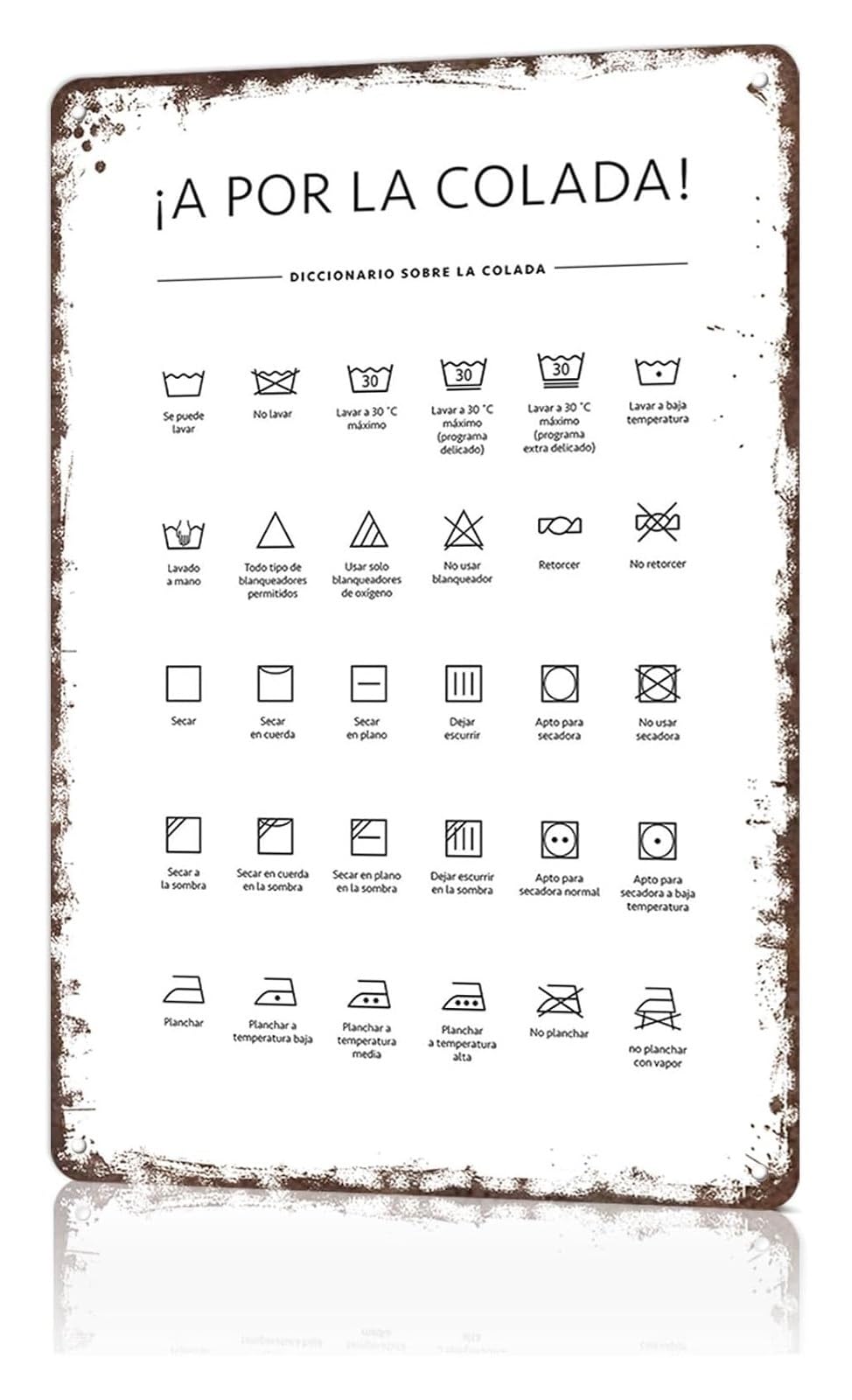 IDGTTLDF Spanish Laundry Symbols Guide Metal Sign Funny Care Instructions Wall-Art for Utility Room Basement Washer Dryer Tin Plate 8 X 12 inch