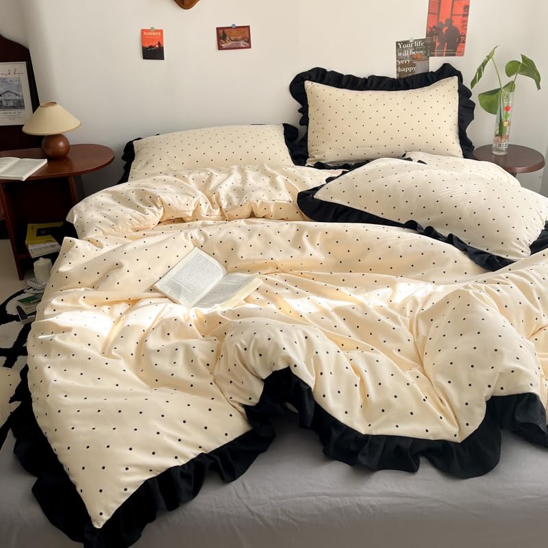 INFLAG Ruffle Duvet Cover 100% Washed Cotton Vintage Bow Duvet Cover with Zipper Ties, Soft Farmhouse Flower Bedding Set (02,Full/Queen 80