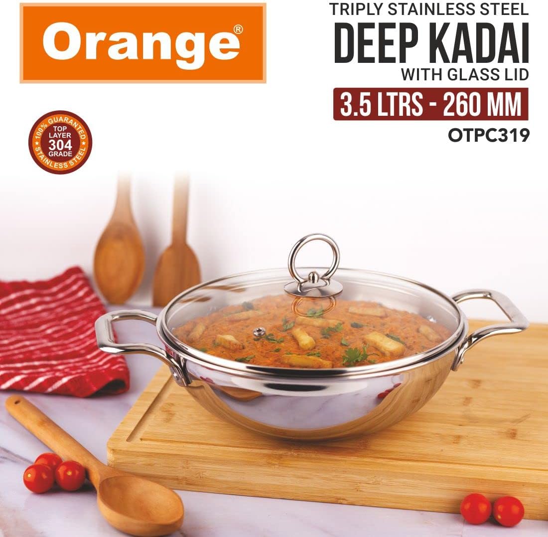 Orange Triply Stainless Steel Deep Kadai with Glass Lid 3.5 litres Capacity (26 cm Diameter) | Heavy Bottom with Cool Touch Handle | Silver (Induction and Gas Stove Friendly) | 5 Year Warranty