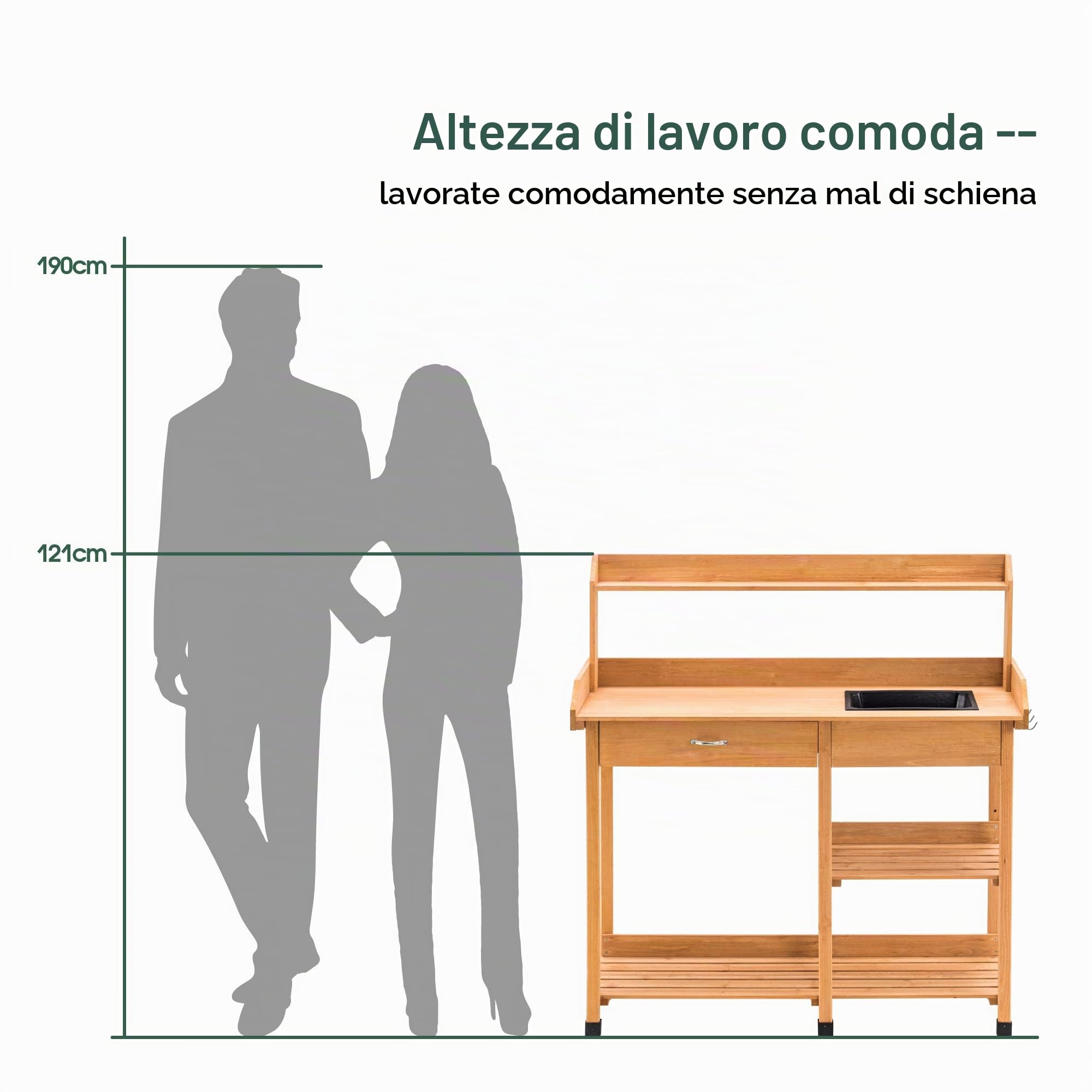 MCombo 0458 - Tavolo da giardino con lavabo e ripiano in legno, resistente alle intemperie, 115 x 45 x 121 cm, (Naturale, 115 cm (L) x 45 cm (B) x 121 cm (H))